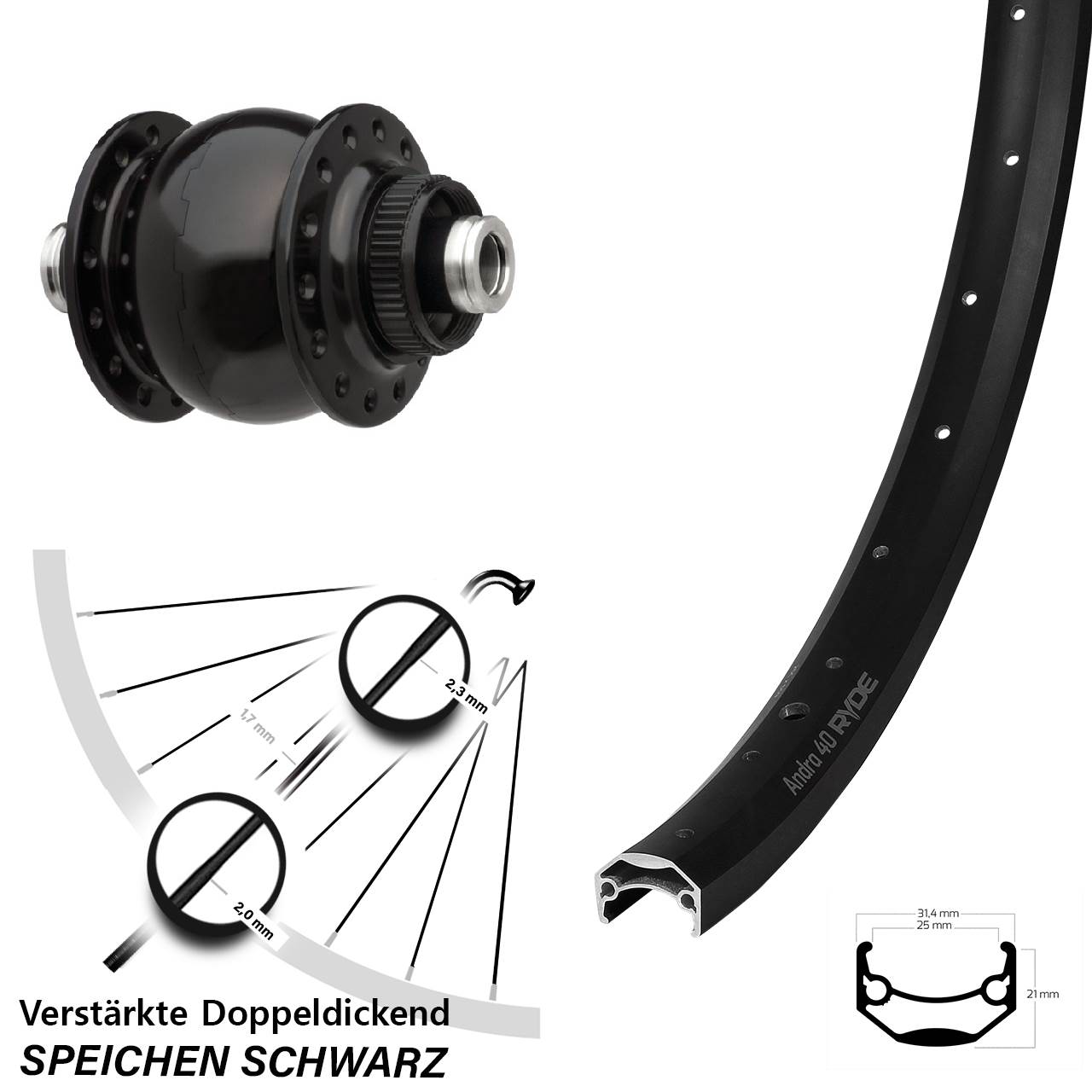 Nabendynamo-Vorderrad Centerlock 20 Zoll Ryde Andra 40 SON 28 12x100