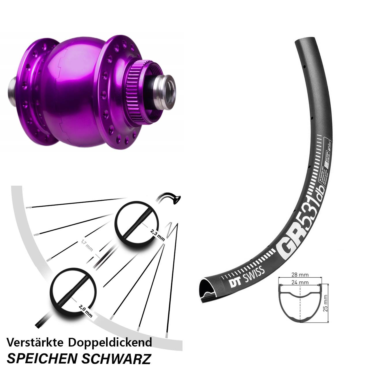 SON 28 violett DT Swiss GR 531 Zoll Nabendynamovorderrad Centerlock 12x100