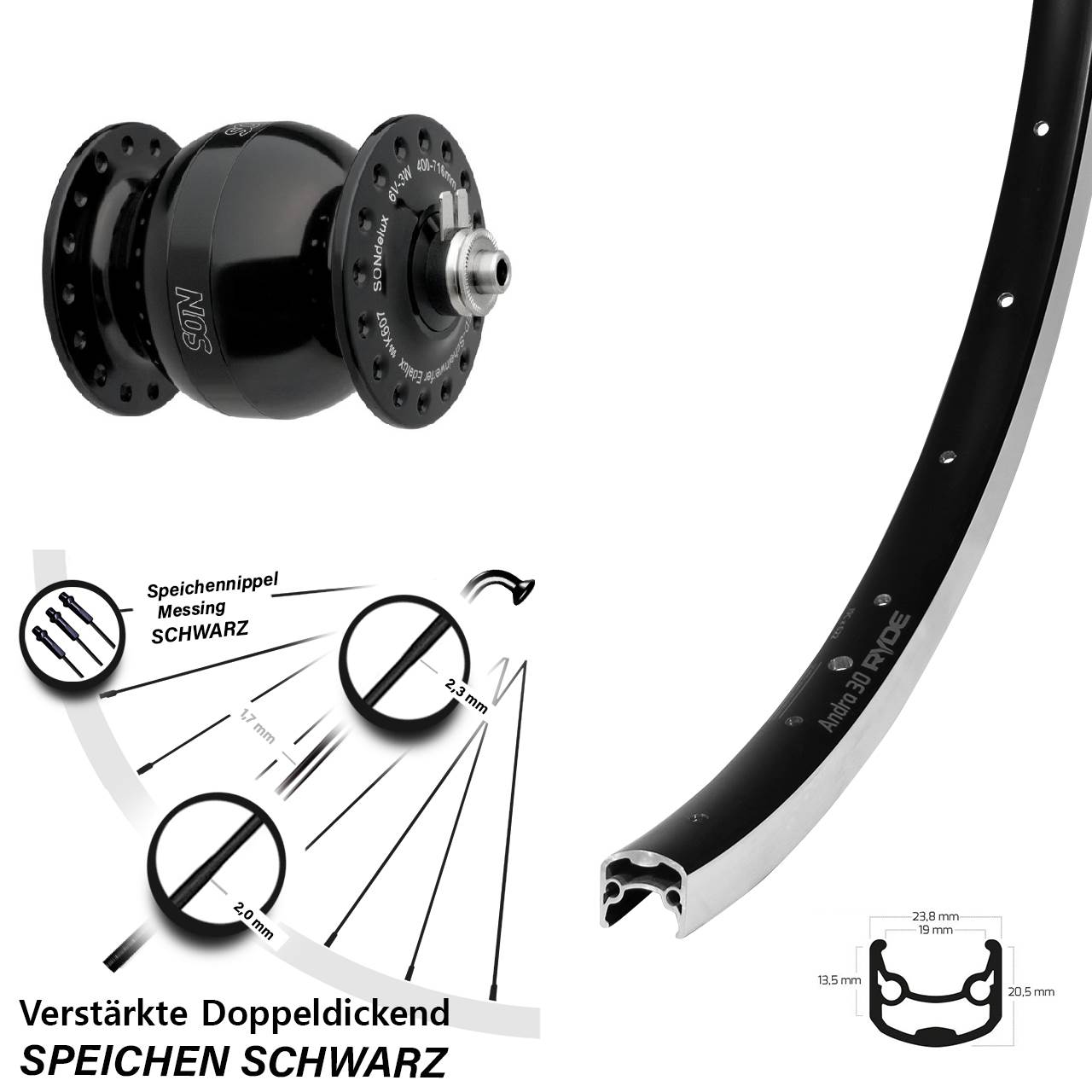 Nabendynamolaufrad 28 Zoll Ryde Andra 30 SON delux wide body für Schnellspanner