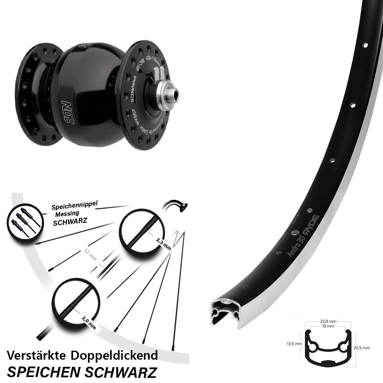 Nabendynamolaufrad 28 Zoll Ryde Andra 30 SON delux wide body für Schnellspanner