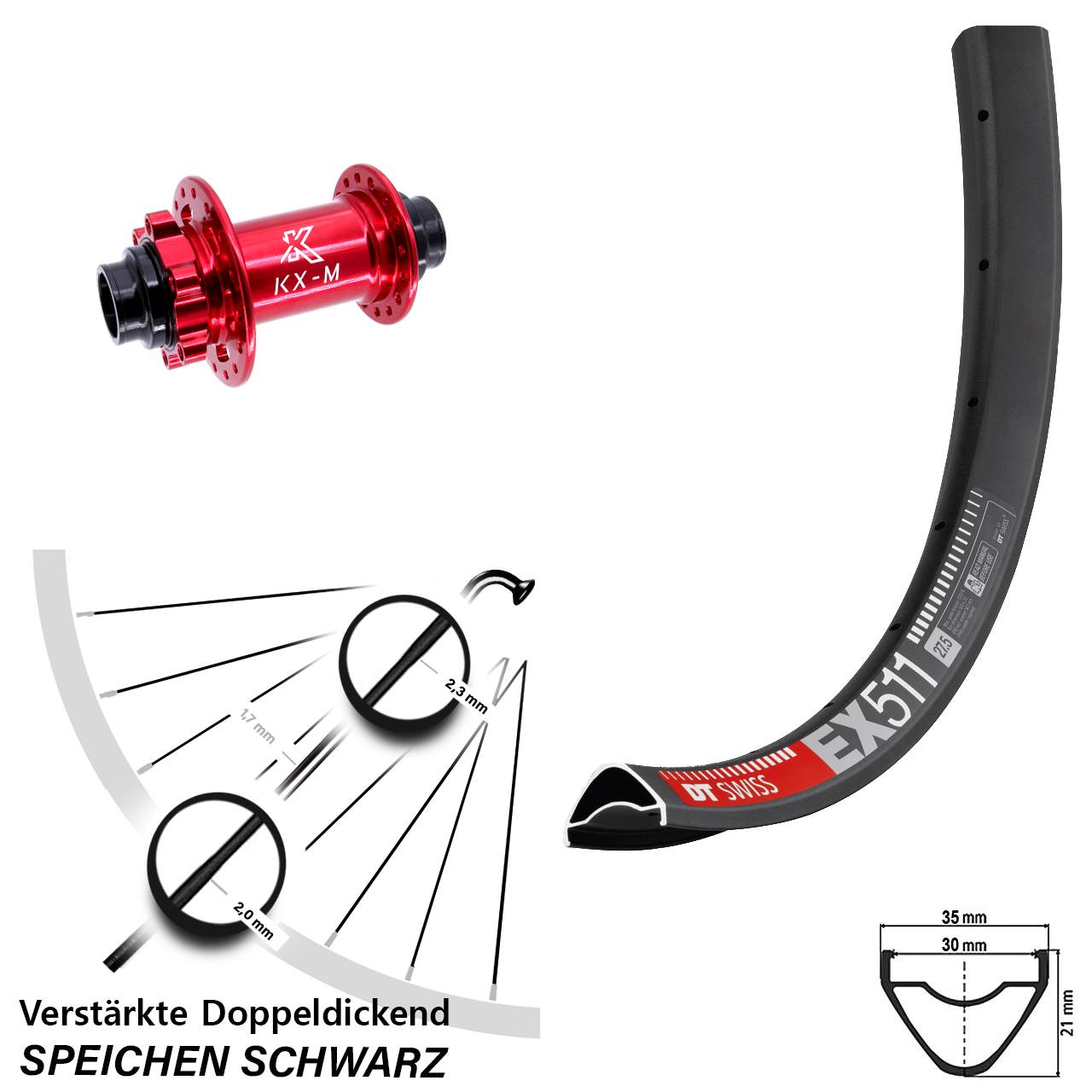 29 Zoll DT Swiss EX 511 KX-M rot Vorderrad 6-Loch 20x110 (DH alt)