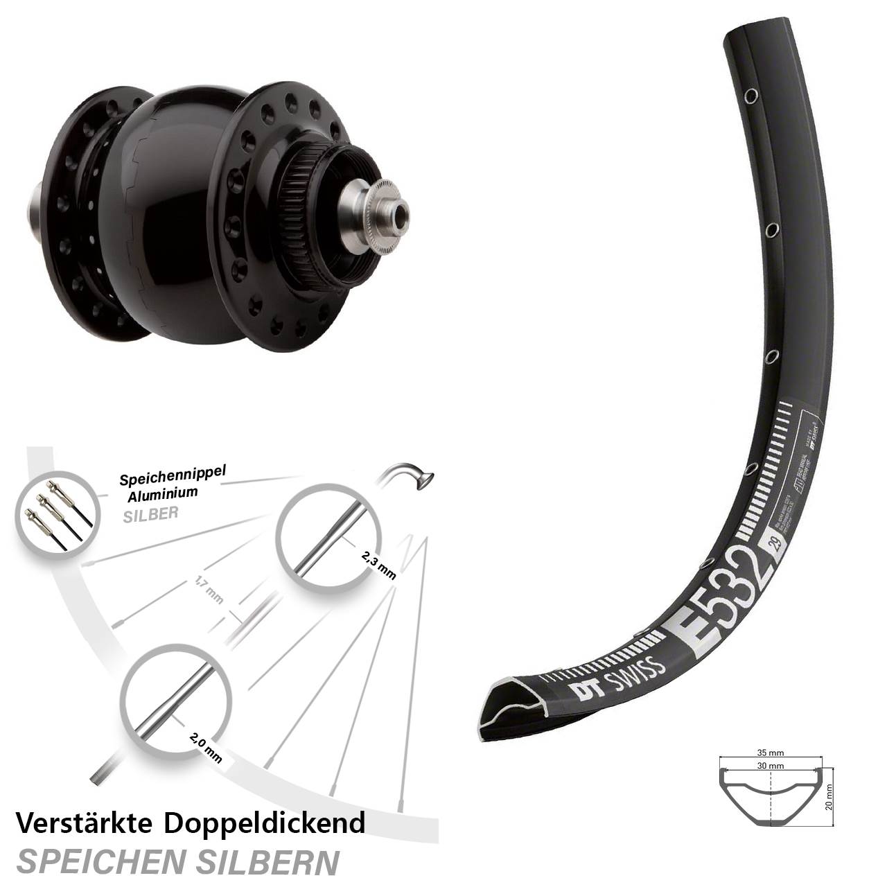 SON 28 DT Swiss E 532 29 Zoll Nabendynamovorderrad Centerlock für Schnellspanner