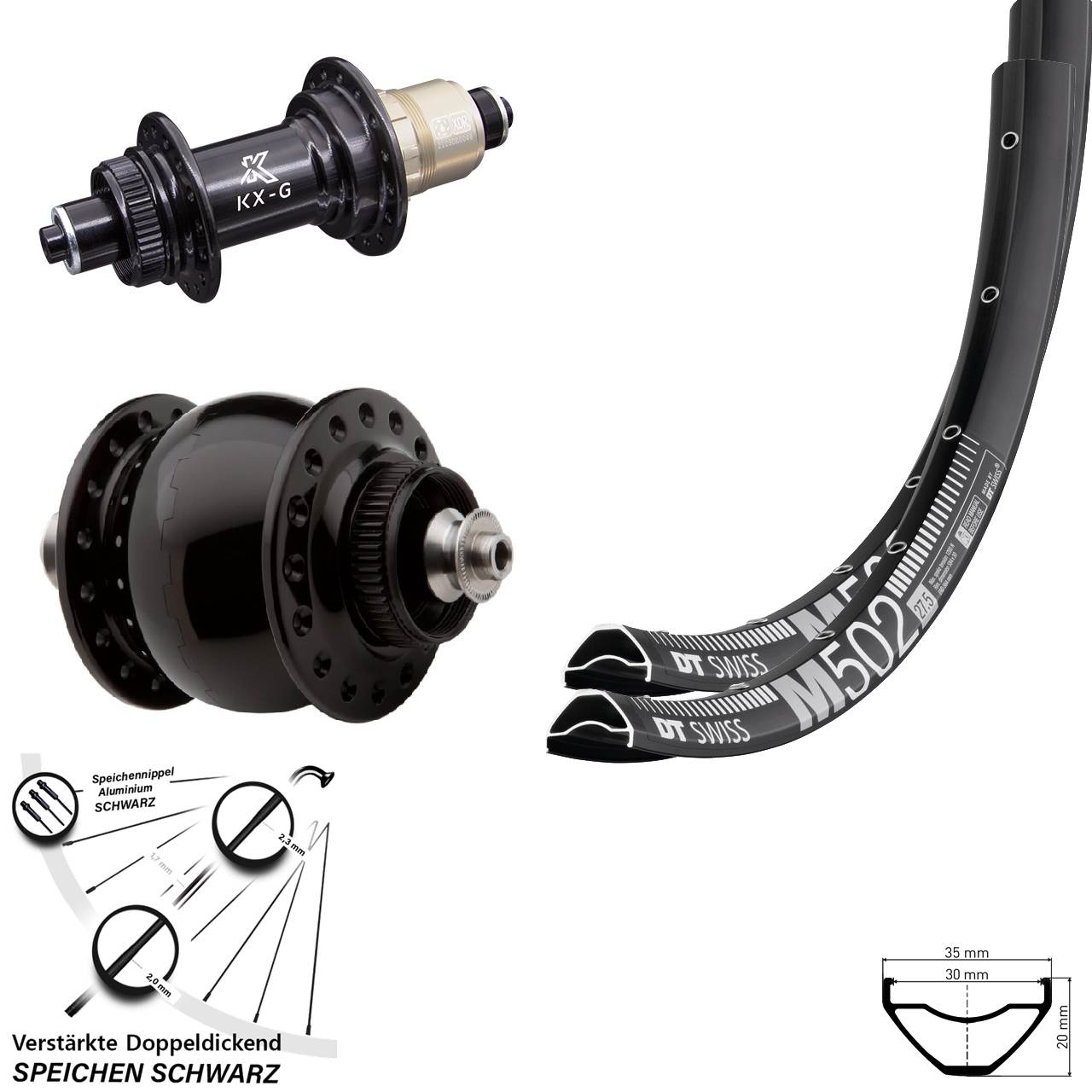 27,5 Zoll DT Swiss M 502 KX-G SON delux Laufradsatz Centerlock QR SRAM XDR