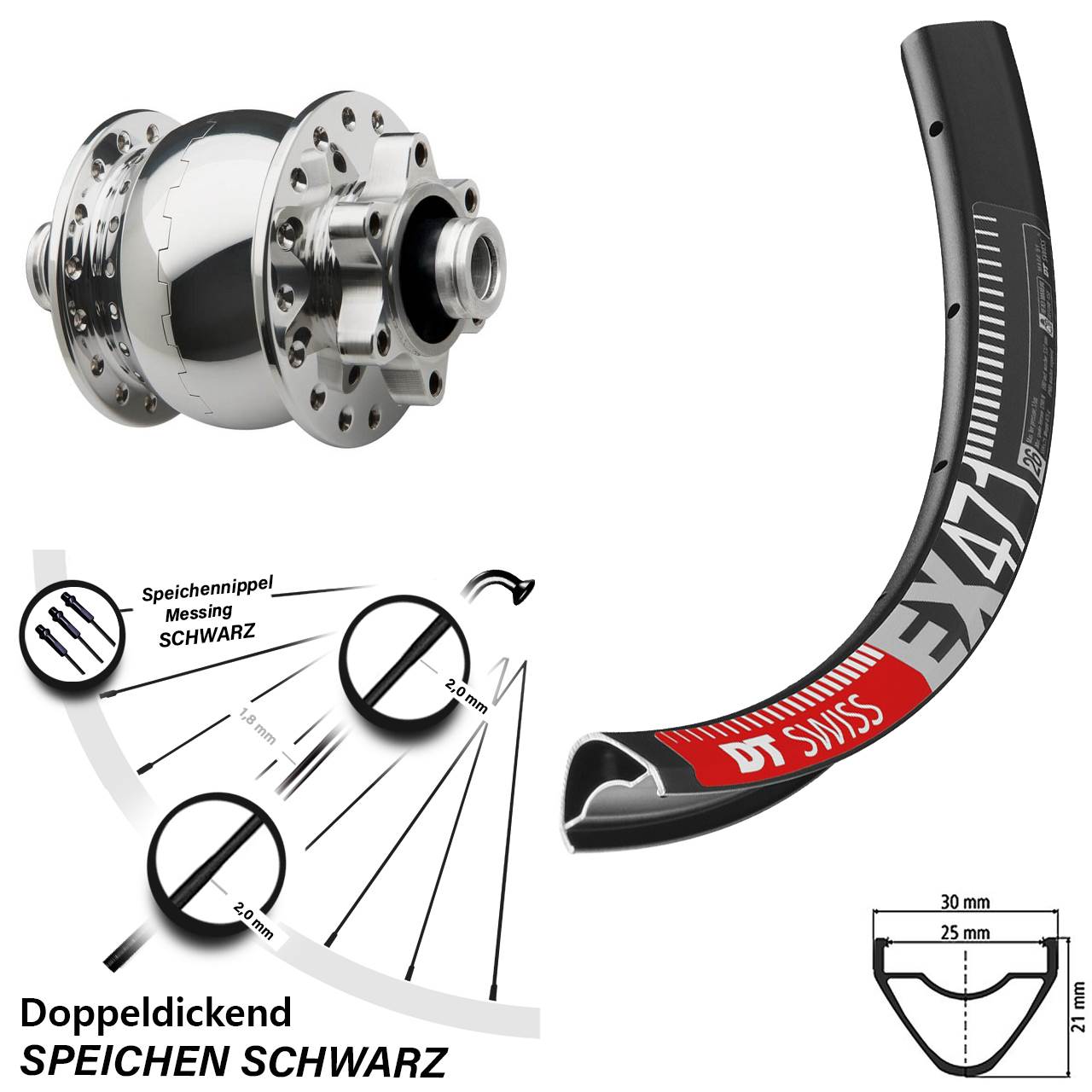 Disc Nabendynamolaufrad 12x100 29 Zoll DT Swiss EX471 SON 28 poliert