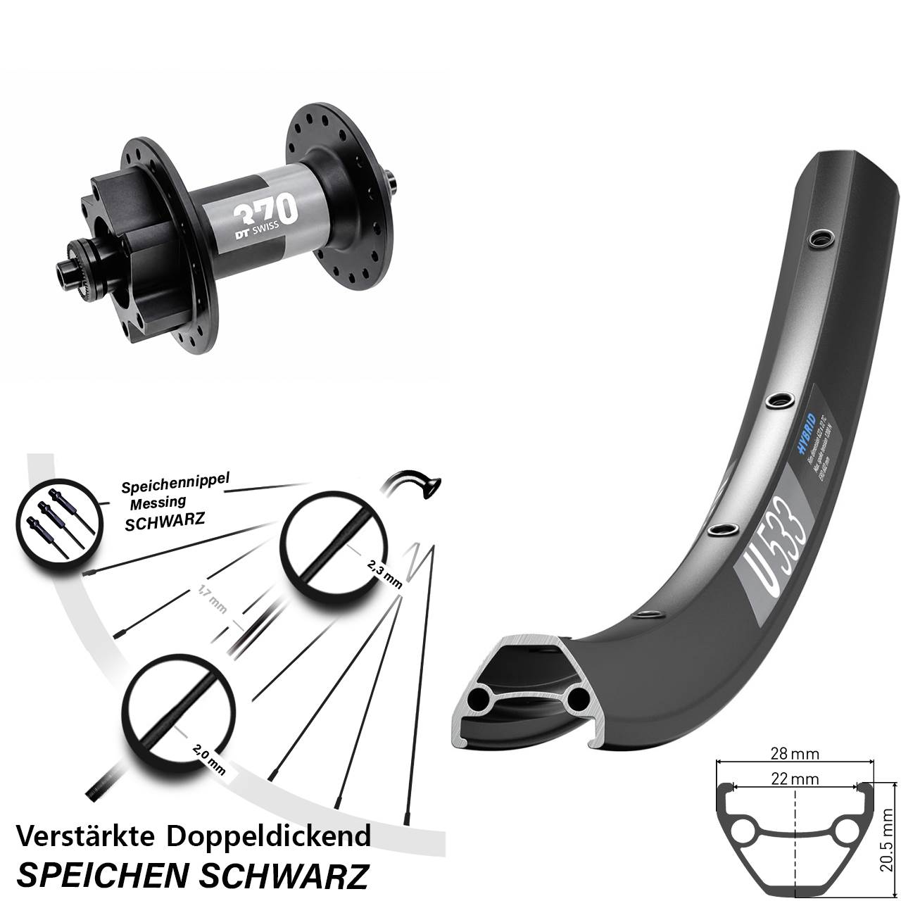 Vorderrad 28-29 Zoll DT Swiss U 533-370 6-Loch QR