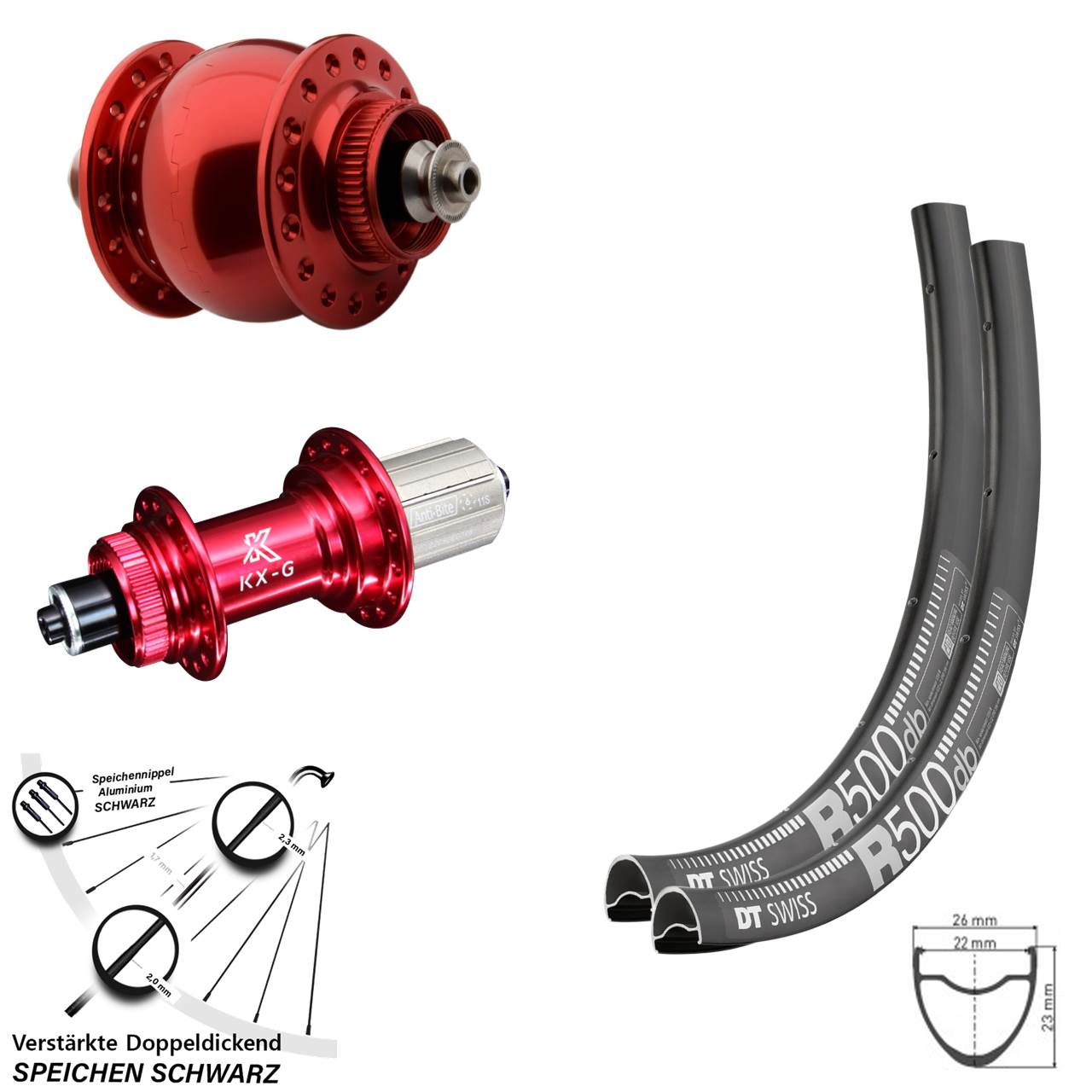 Laufrad-Satz KX-G rot SON 28-29 Zoll DT Swiss R 500 8-12 fach für Schnellspanner