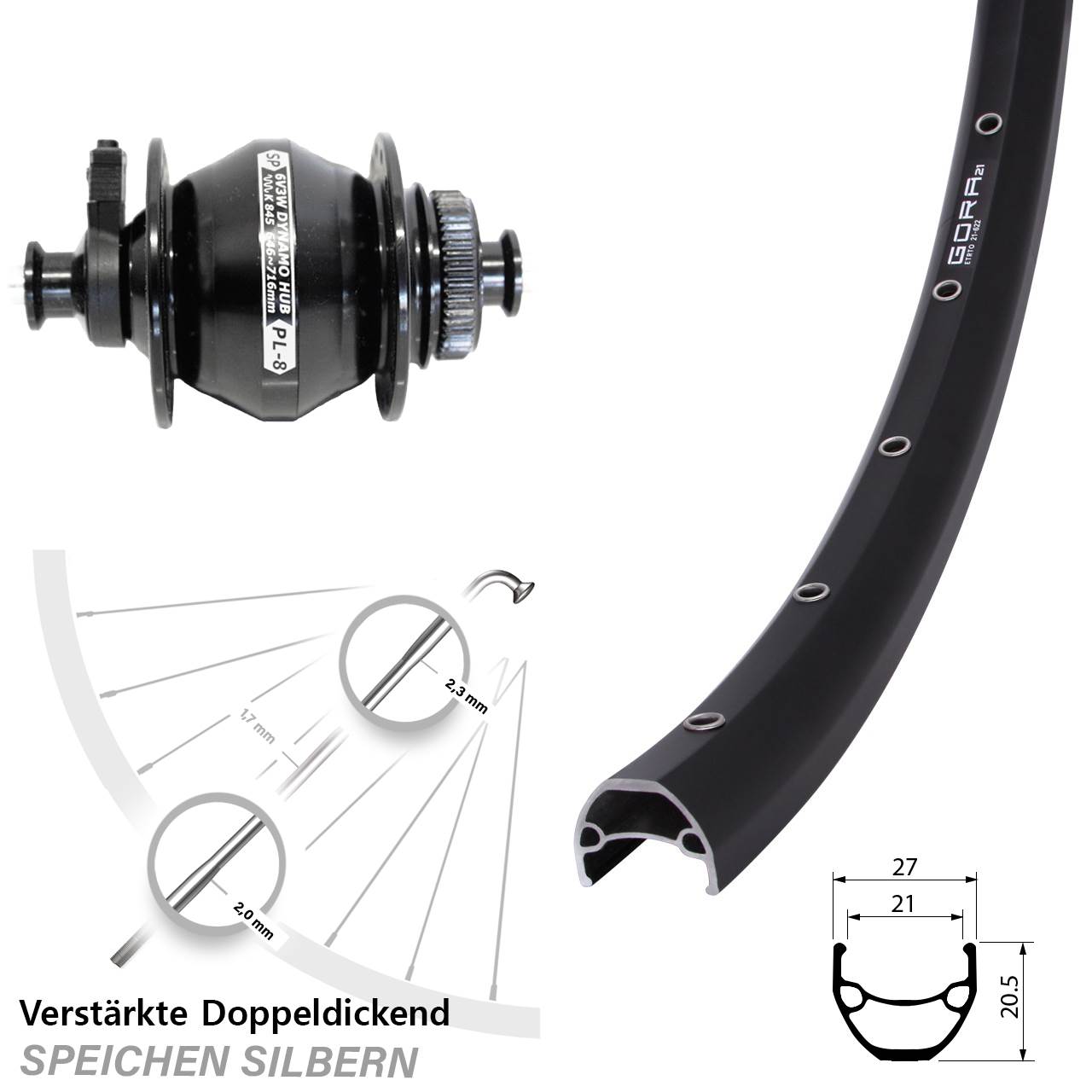 Centerlock Vorderrad mit Dynamo 29 Zoll Gora 21 Shutter PL-8 für Schnellspanner