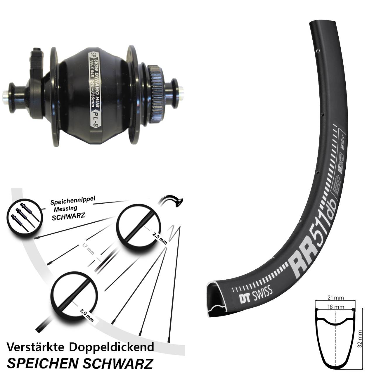 Centerlock Dynamo-Vorderrad QR 28 Zoll DT Swiss RR511 Shutter Precision PL-8