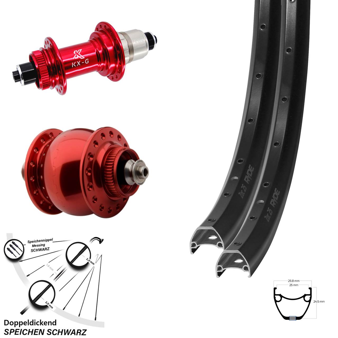 Laufradsatz Centerlock 28 Zoll Ryde ZAC 25 KX-G rot SON 28 QR XDR