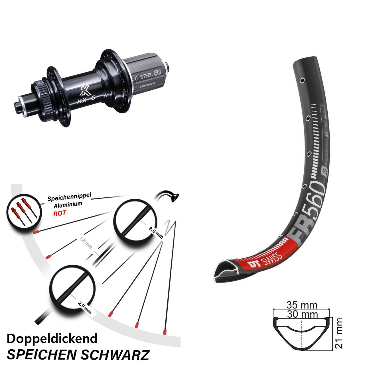 Hinterrad 26 Zoll DT Swiss FR560 KX-GS Heavy Duty 5x135 Centerlock 8-12 fach HG