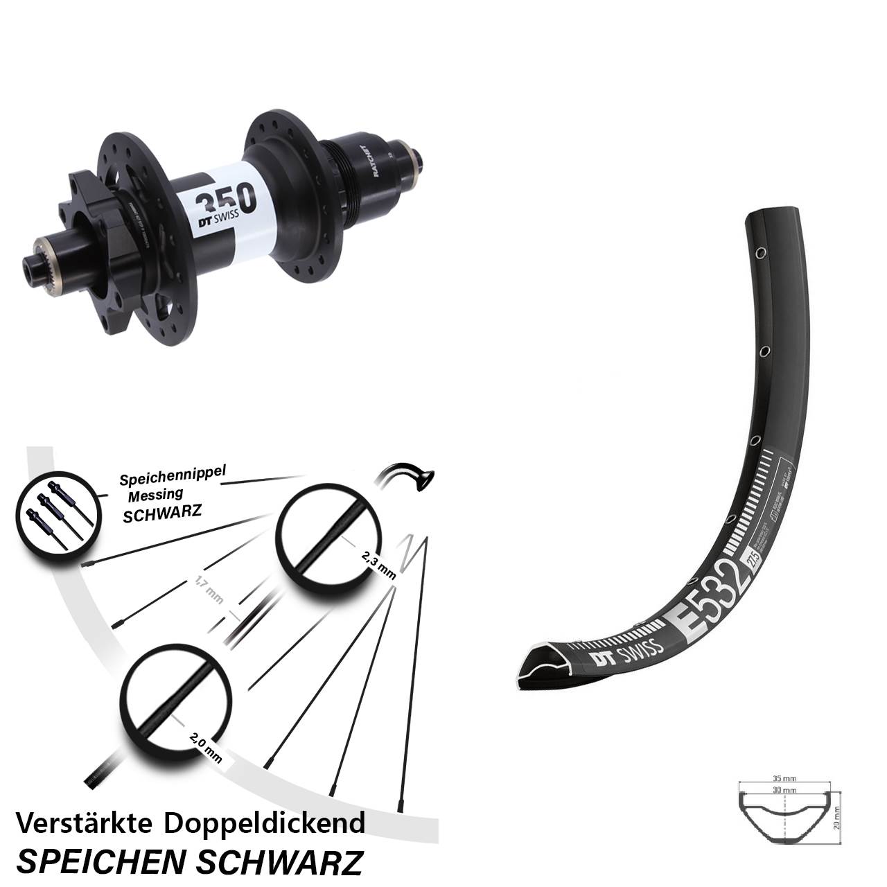 27,5 Zoll DT Swiss E 532-350 Hinterrad für Schnellsp. XD 11-12 fach