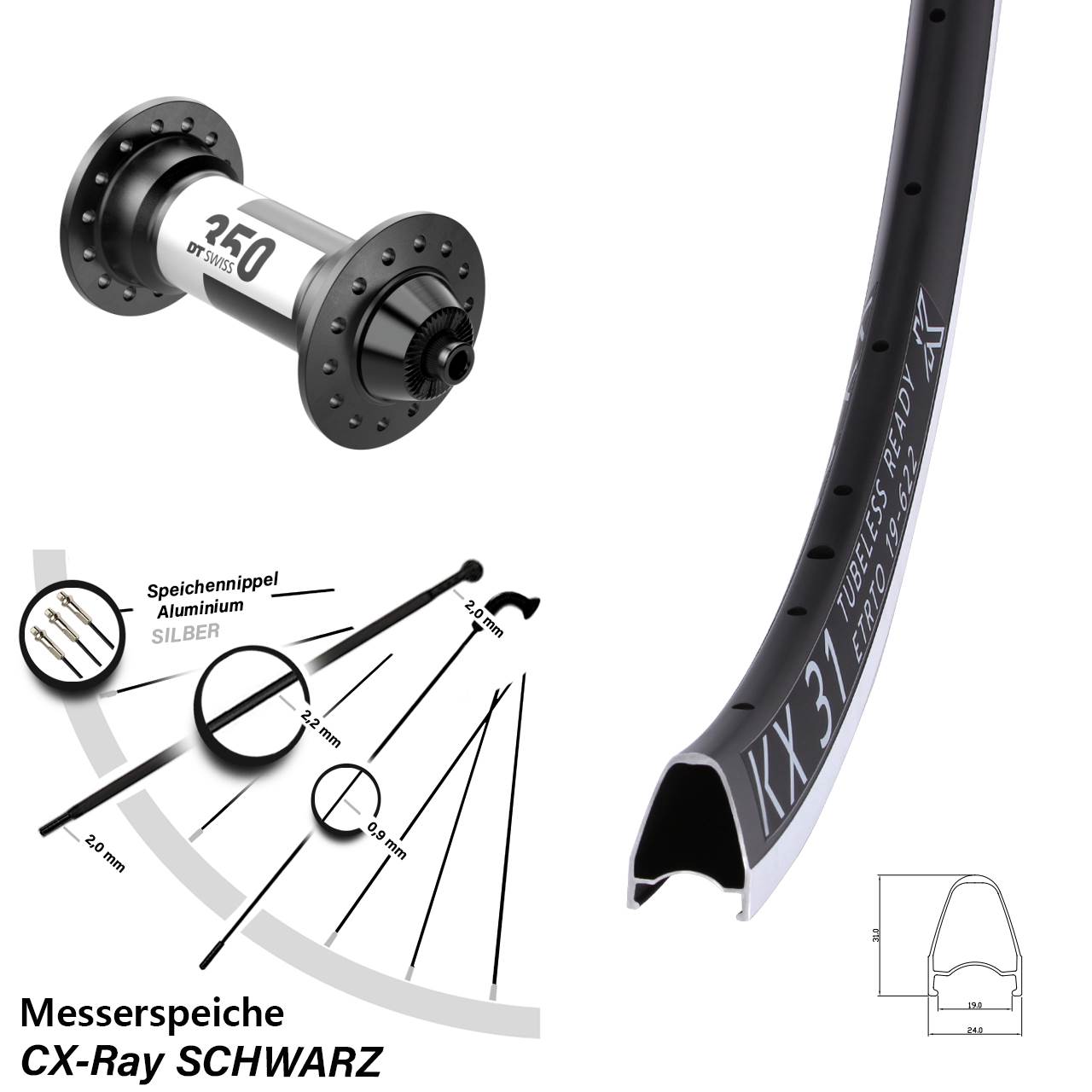 KX 31 DT Swiss 350 28 Zoll Rennrad Vorderrad CX-Ray QR
