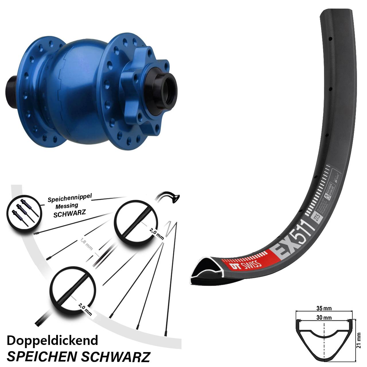 6-Loch Dynamo-Vorderrad 29 Zoll DT Swiss EX 511 SON 28 blau 15x110 Boost