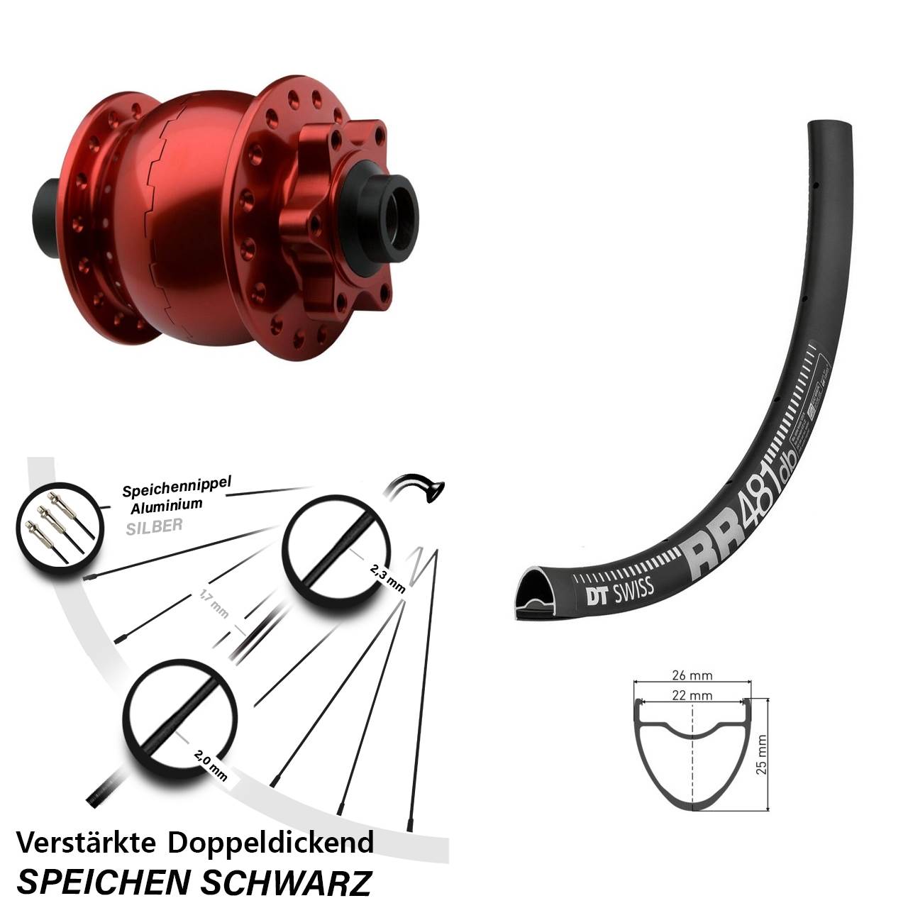 DT Swiss RR 481 SON 28 Zoll rot Dynamo-Vorderrad 6-Loch 15x100