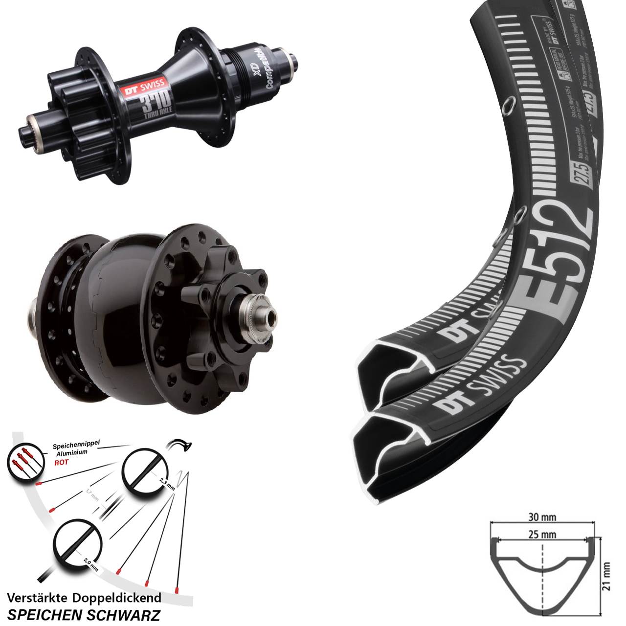 27,5 Zoll DT Swiss E 512 Disc Laufradsatz 5x100/135 370 3P XD SON 28