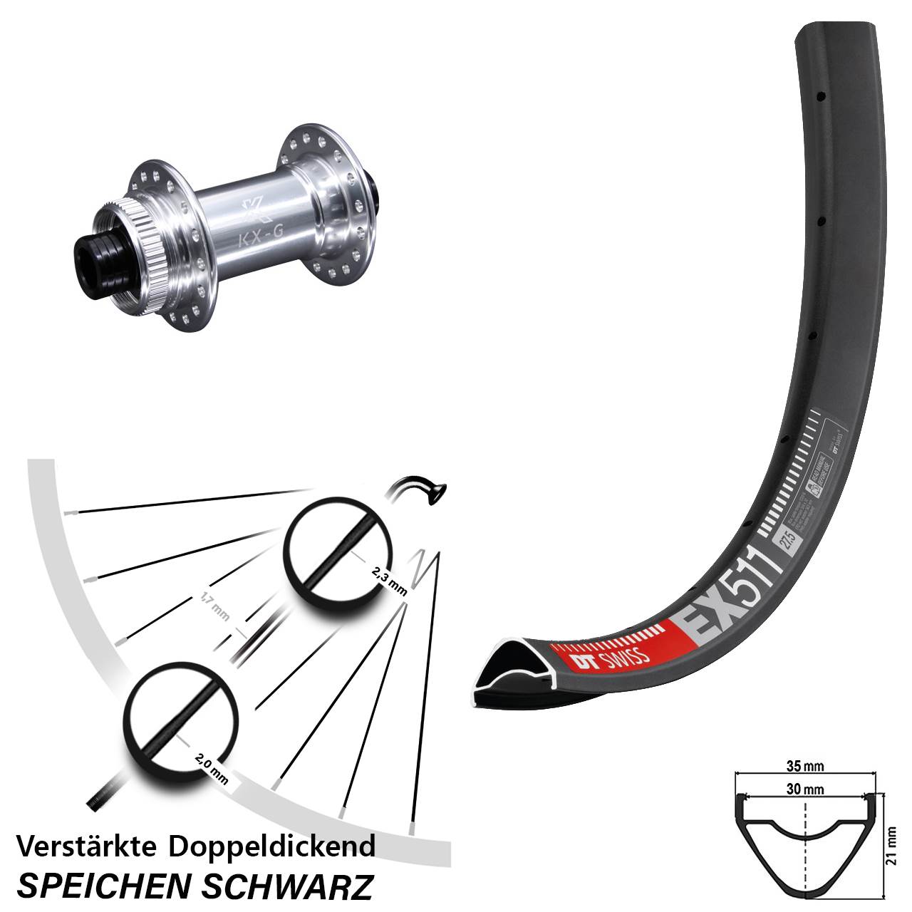 verstärktes 29 Zoll Vorderrad DT Swiss EX 511 mit KX-G Steckachse 15x100 mm silbern