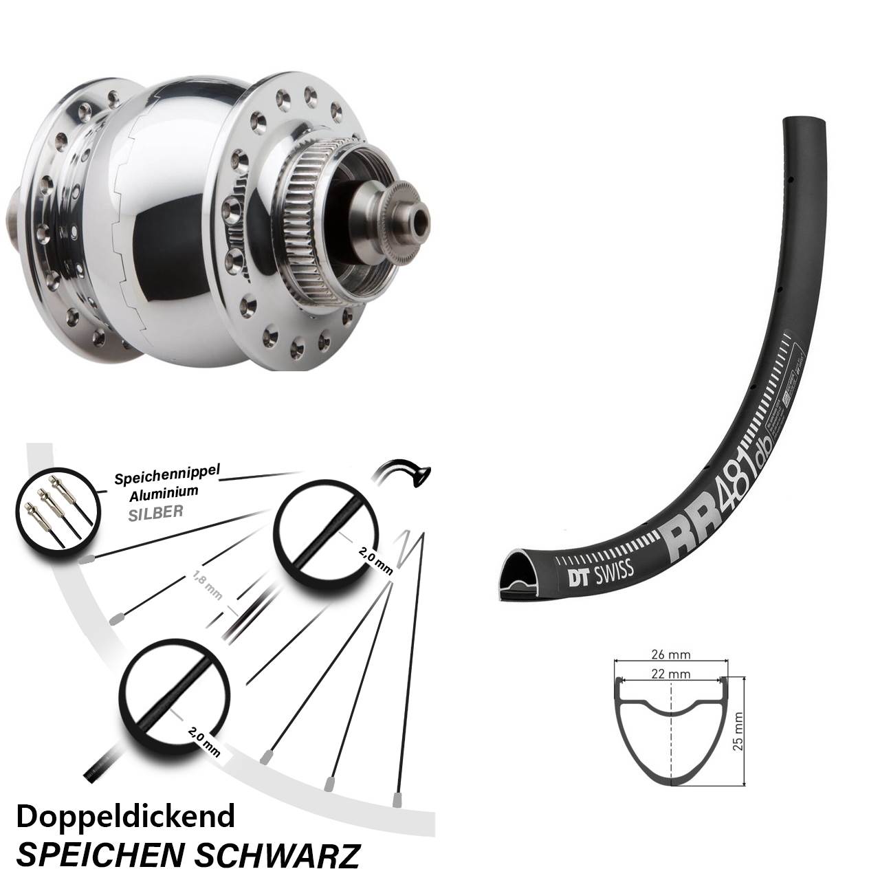 DT Swiss RR481 Vorderrad mit Nabendynamo SON 28 Zoll Disc silber poliert