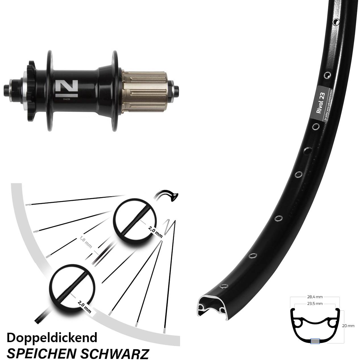 Laufrad 27,5 Zoll Ryde Rival 23 Disc Novatec D042SB 8-11 fach HG schwarz