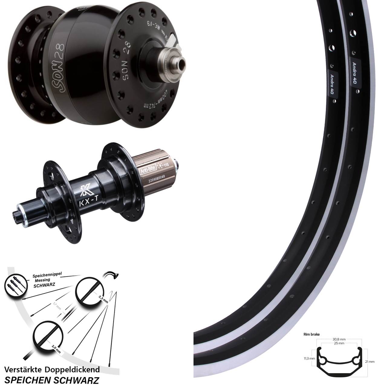 Laufradsatz Felgenbremse Dynamo SON 28 Zoll KX-T schwarz Ryde Andra 40 Shimano