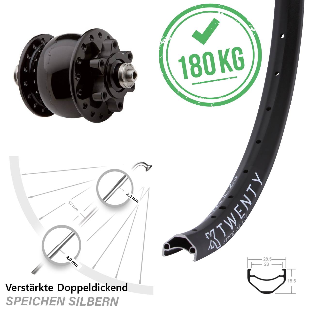 Vorderrad Nabendynamo SON 28 schwarz KX Twenty 20 Zoll 6-Loch verstärkt