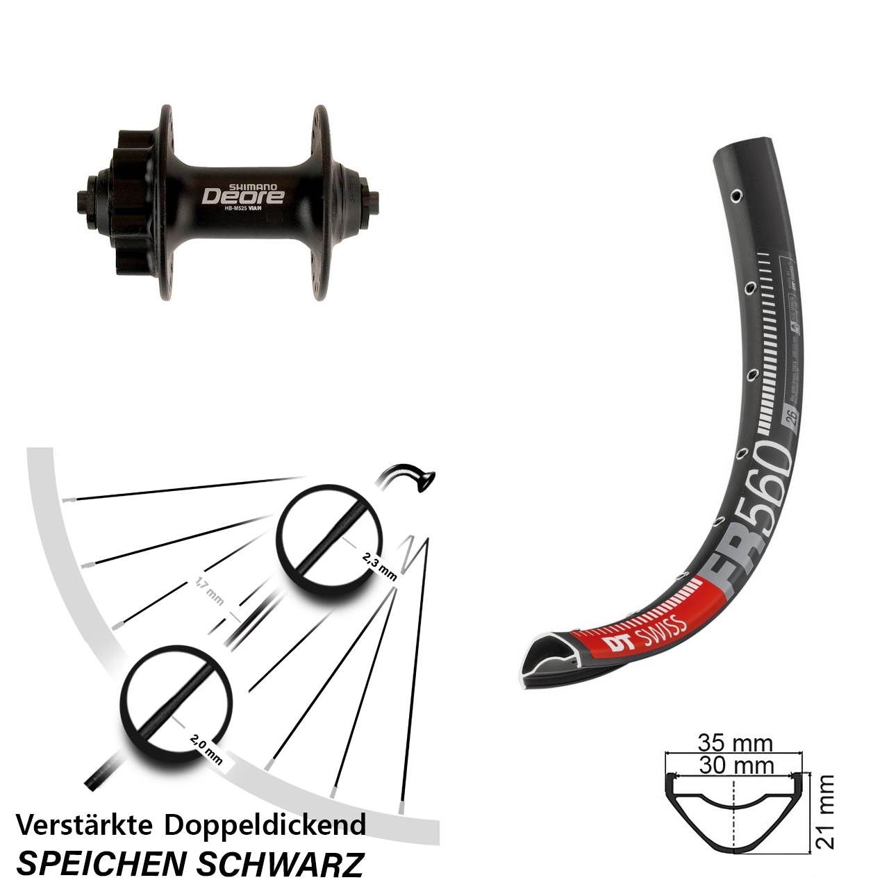26 Zoll DT Swiss FR 560 Shimano Deore HB-M525 Disc Laufrad für Schnellspanner