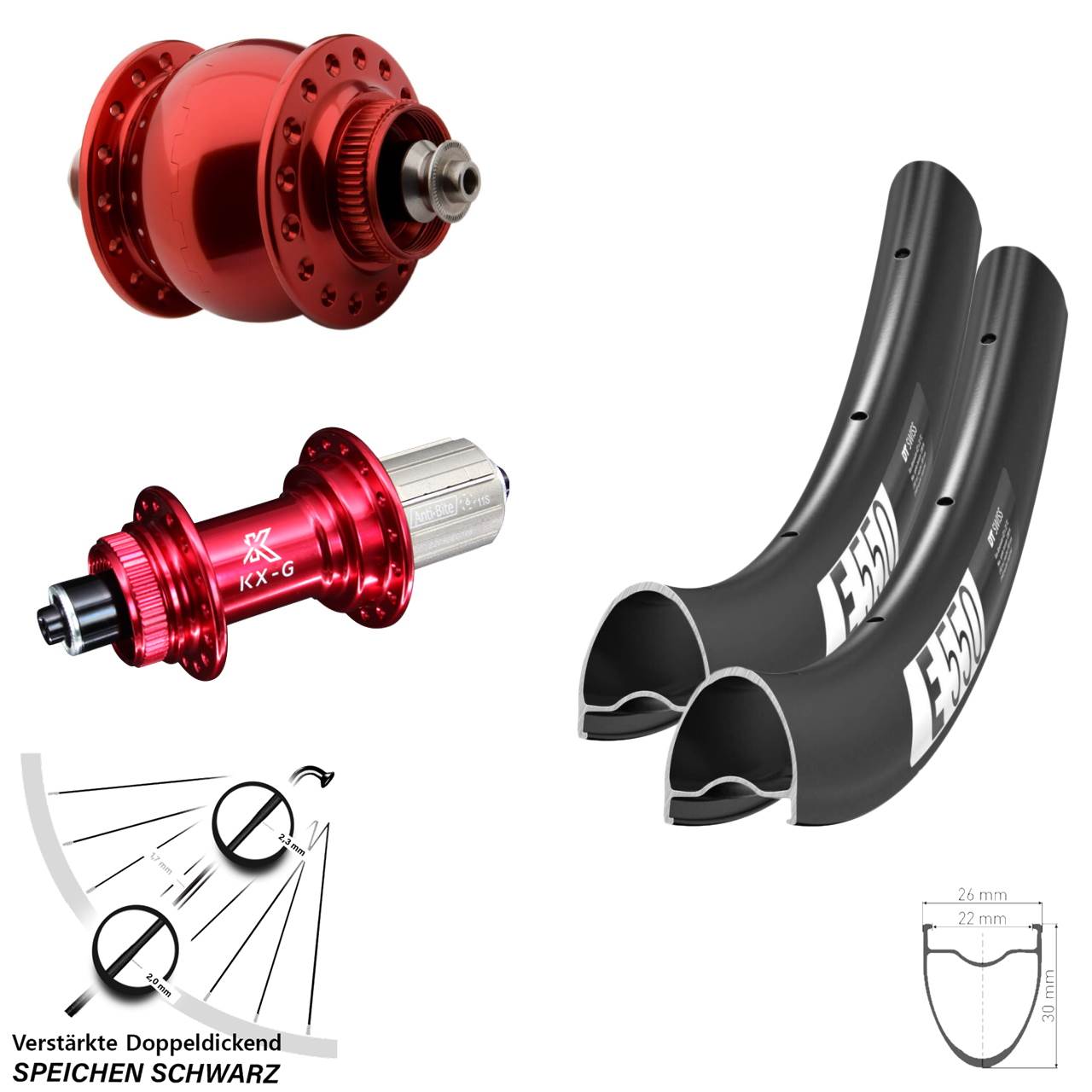 SON 28 Zoll DT Swiss E550 KX-G rot Laufrad-Satz für Schnellspanner 8-12 fach