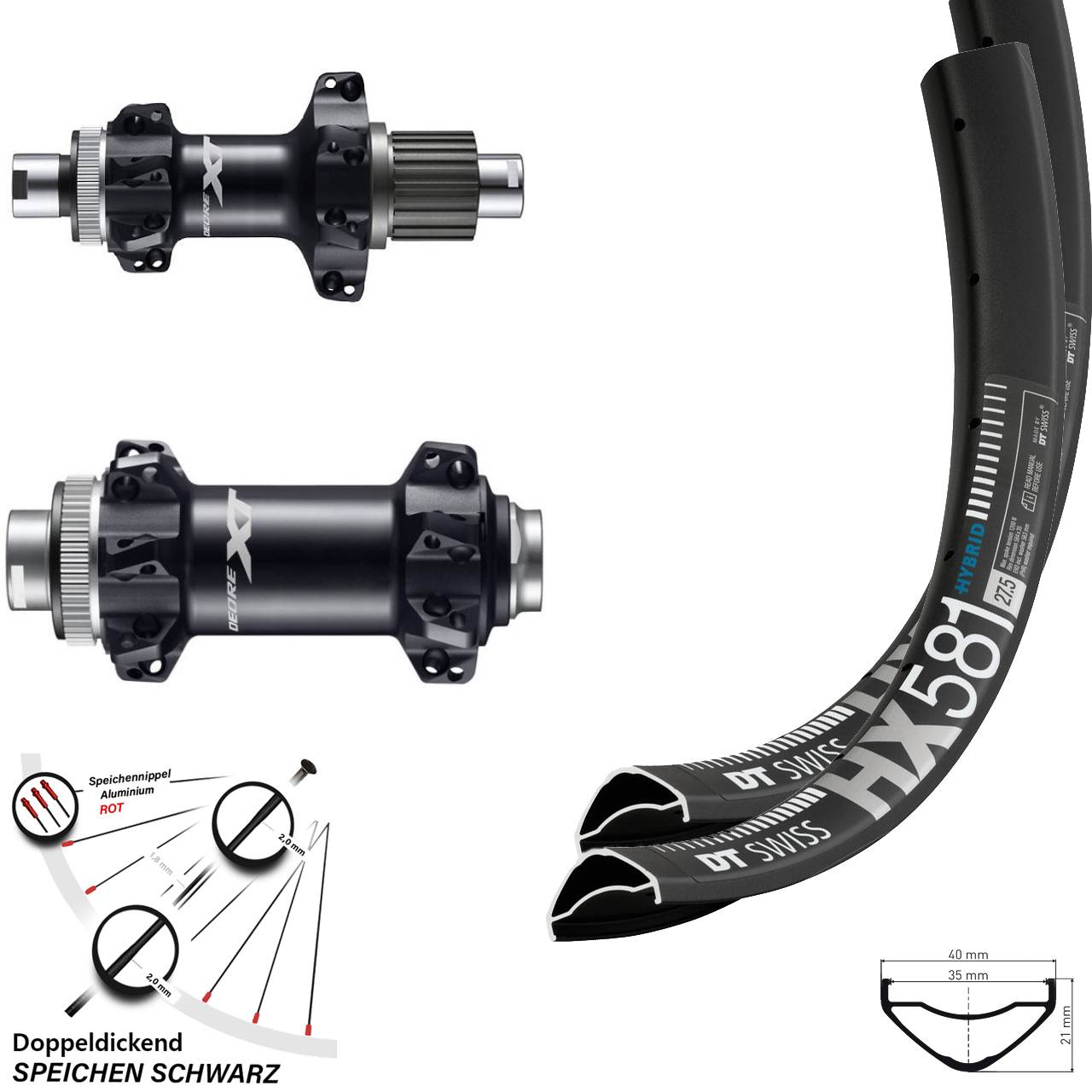 27,5 Zoll Laufradsatz DT Swiss HX 581 Shimano XT Boost Straightpull 12-fach Micro Spline