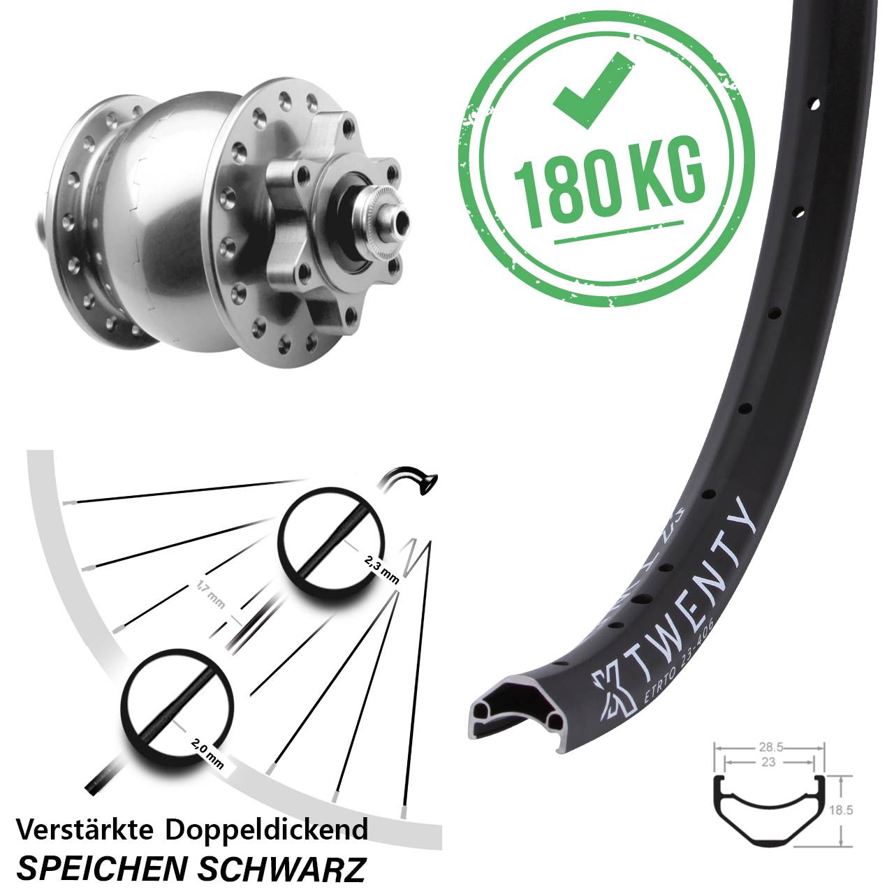 Disc Vorderrad mit Nabendynamo 20 Zoll KX Twenty SON 28 silbern QR