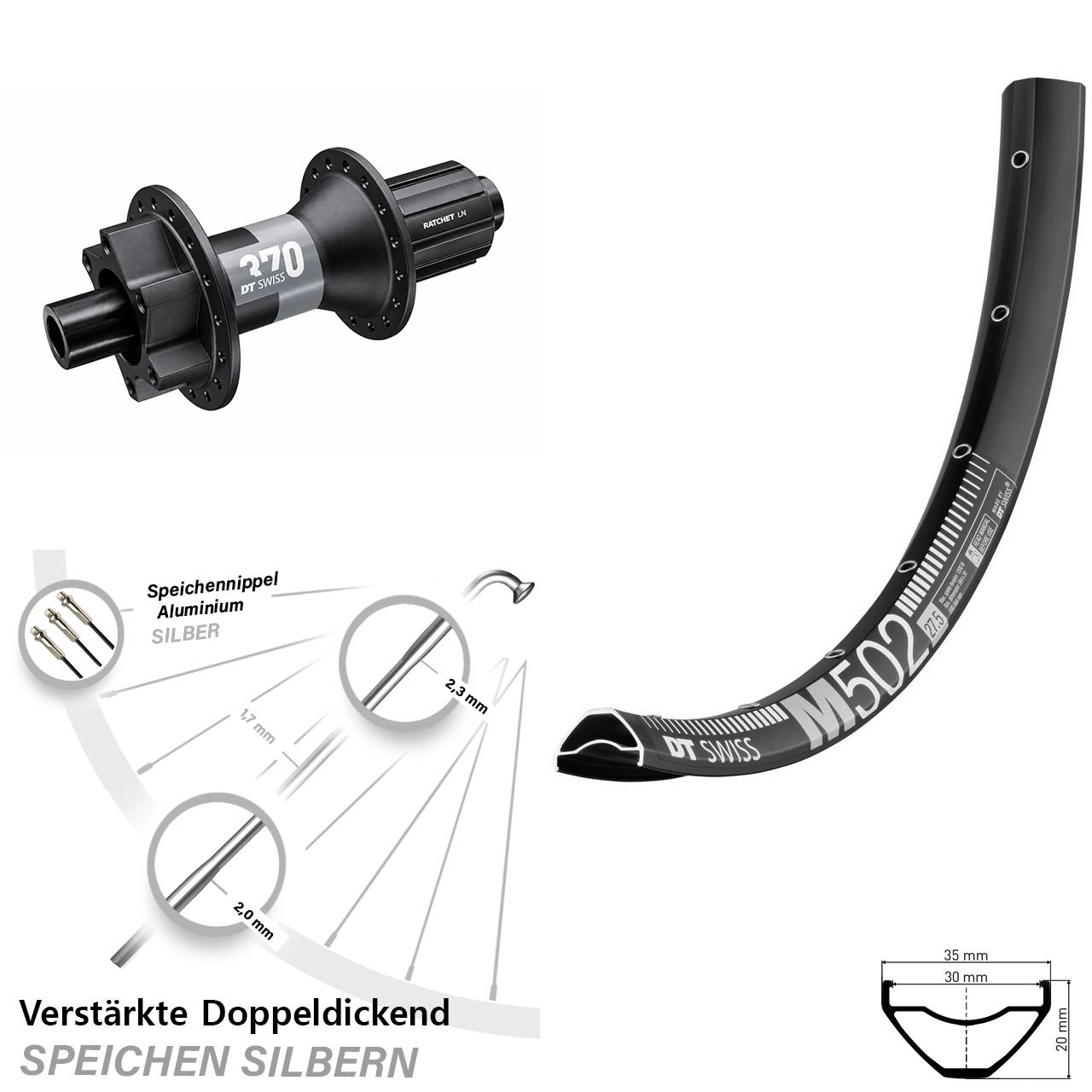 DT Swiss M 502-370 29 Zoll Disc Hinterrad 12x148 8-11 fach HG