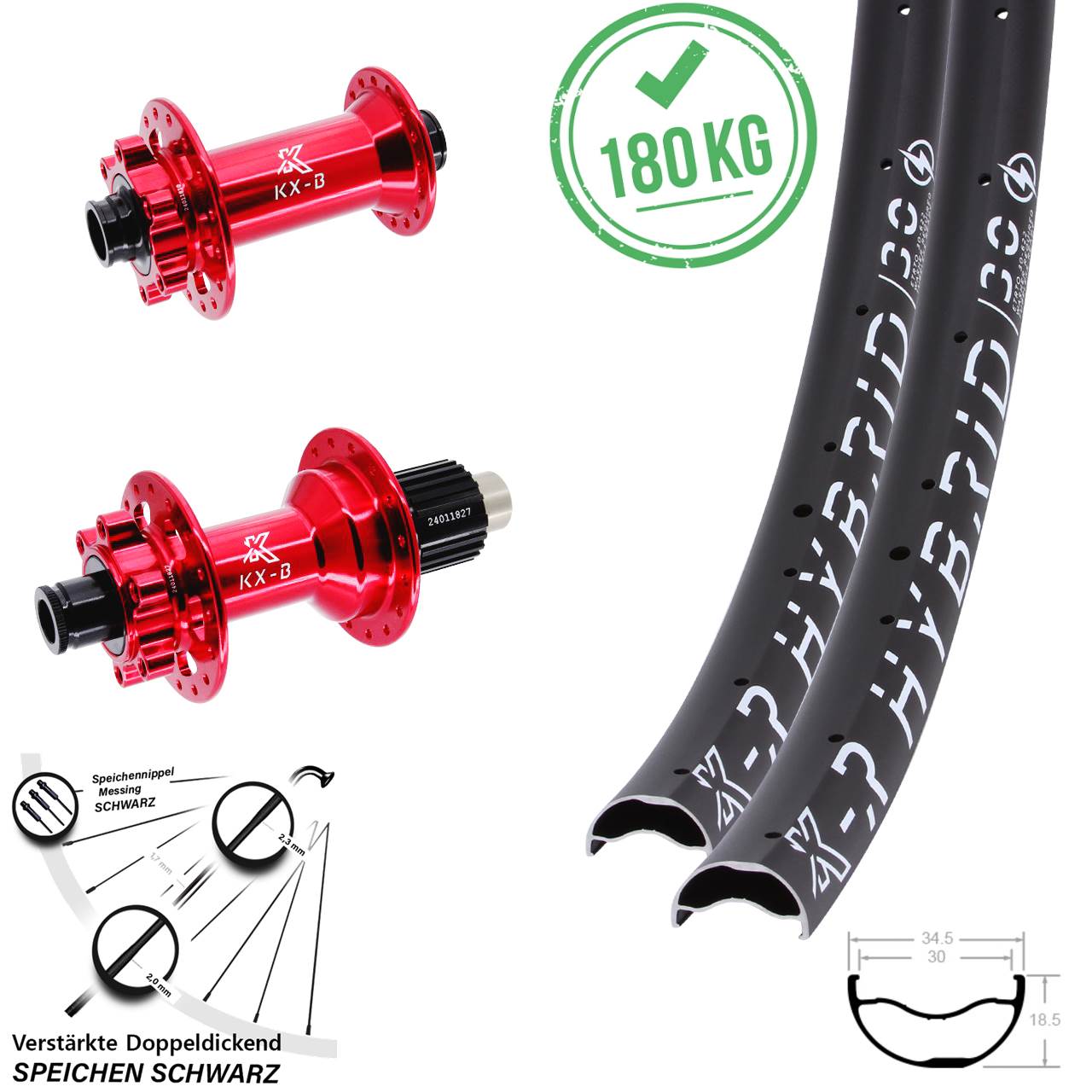 KX-BR Hybrid 30 rot 29 Zoll 6-Loch Laufradsatz 15x110 12x148 Shimano Micro Spline
