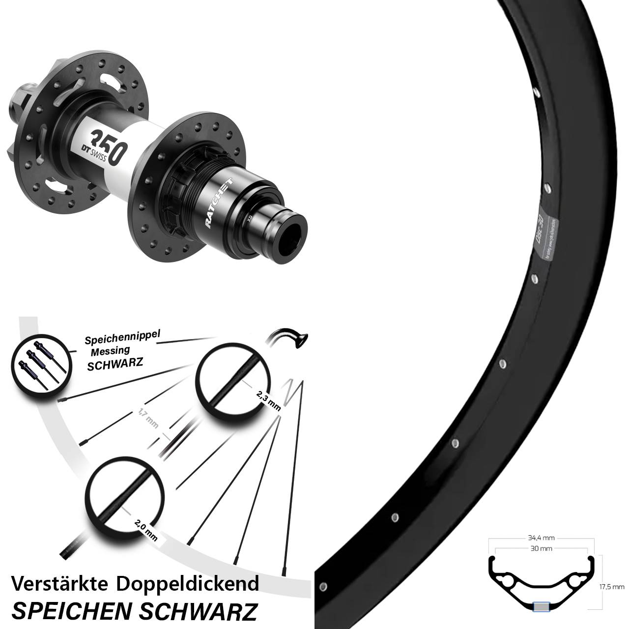 29 Zoll Ryde Disc 30 DT Swiss 350 Hinterrad 6-Loch 12x142 SRAM XD