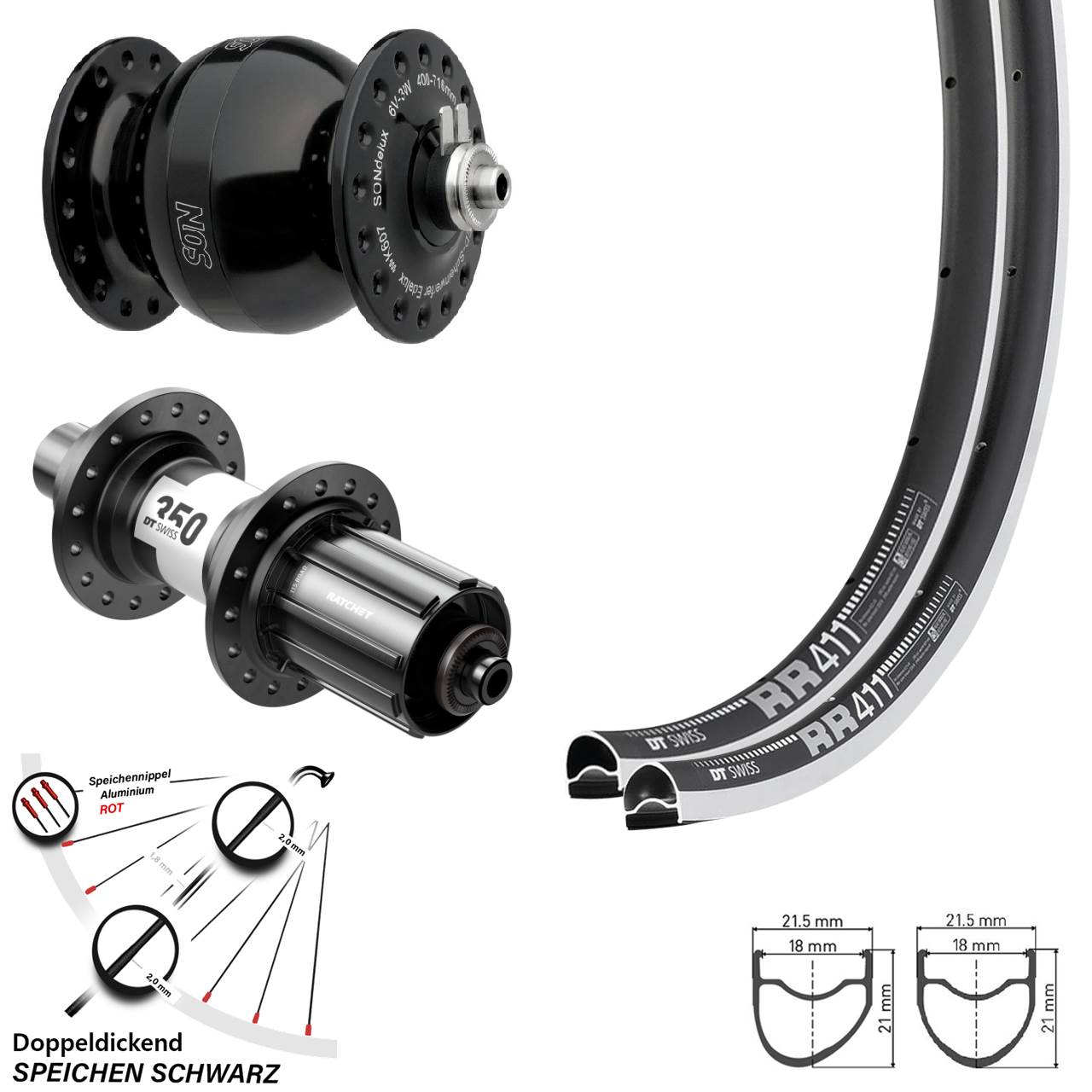 28 Zoll DT Swiss RR411-350 Rennrad SON delux Laufradsatz für Schnellspanner 8-12 fach