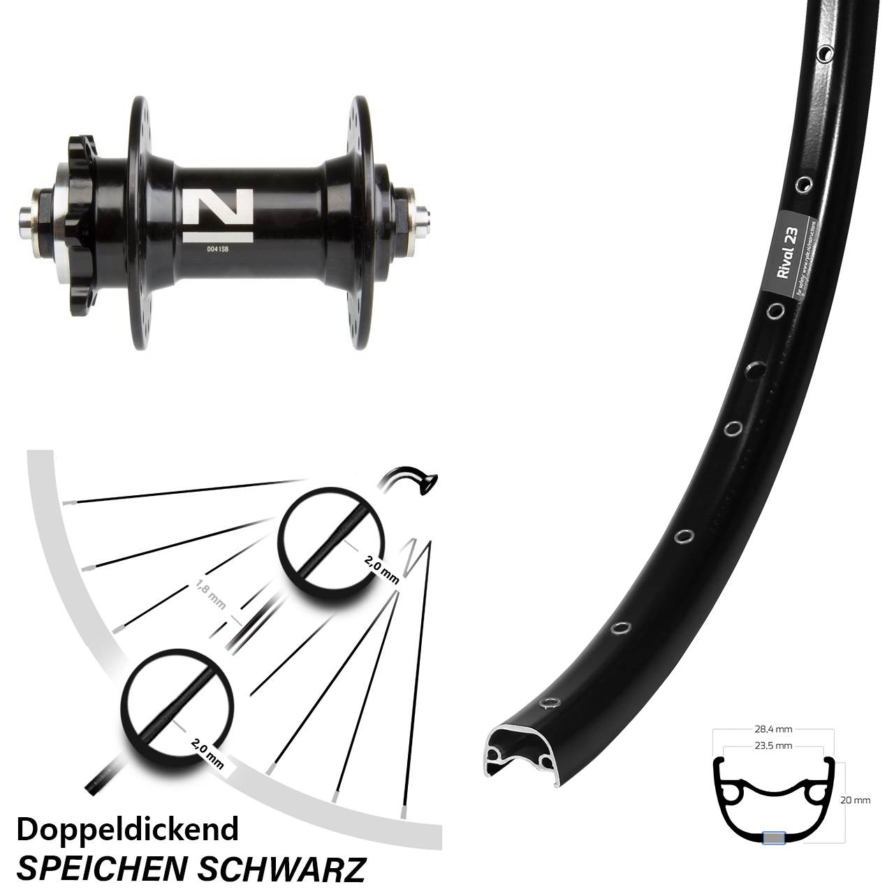 27,5 Zoll Ryde Rival 23 Novatec D041 Disc Vorderrad QR