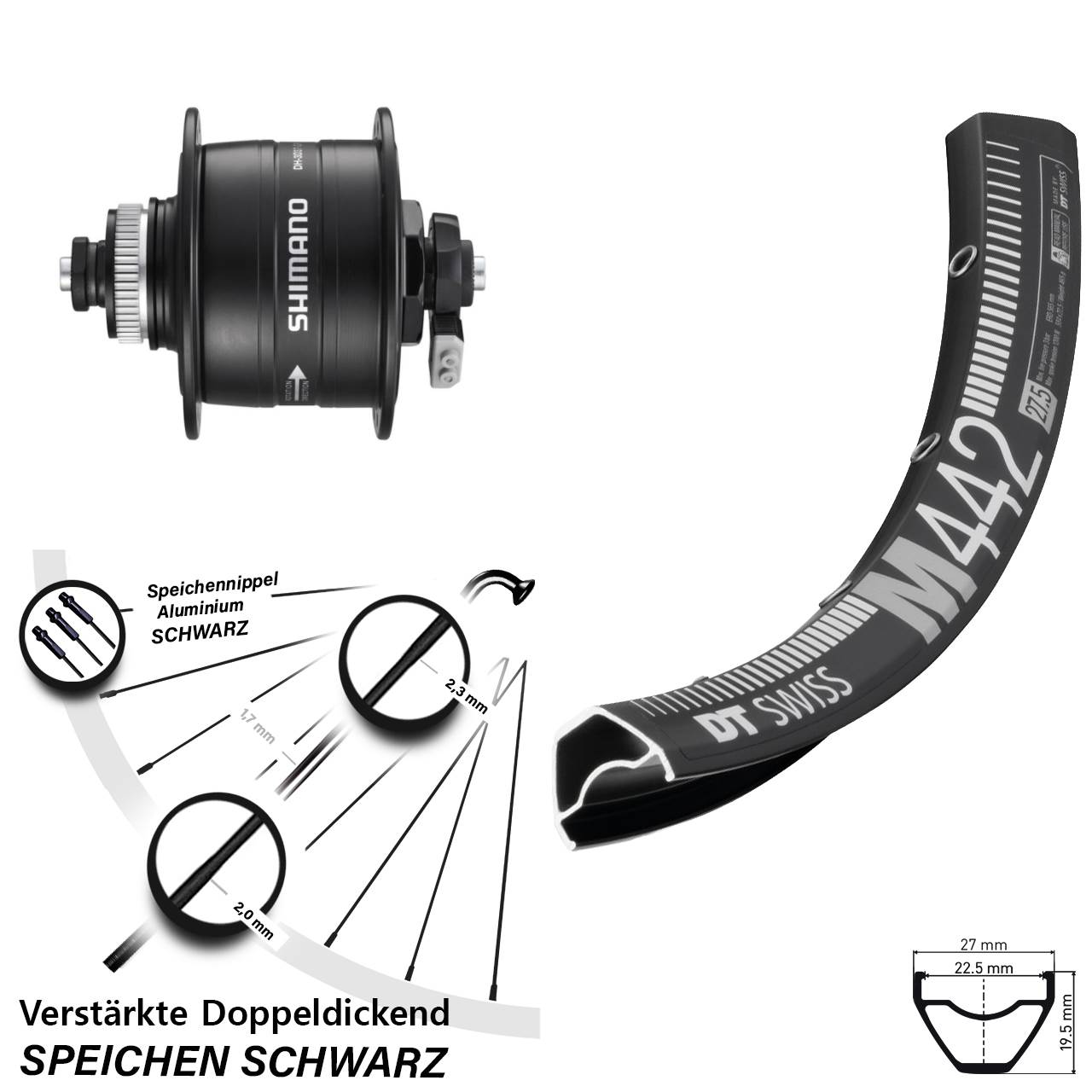 29 Zoll DT Swiss M 442 Shimano DH-3D37-QR Dynamo-Vorderrad Centerlock für Schnellspanner