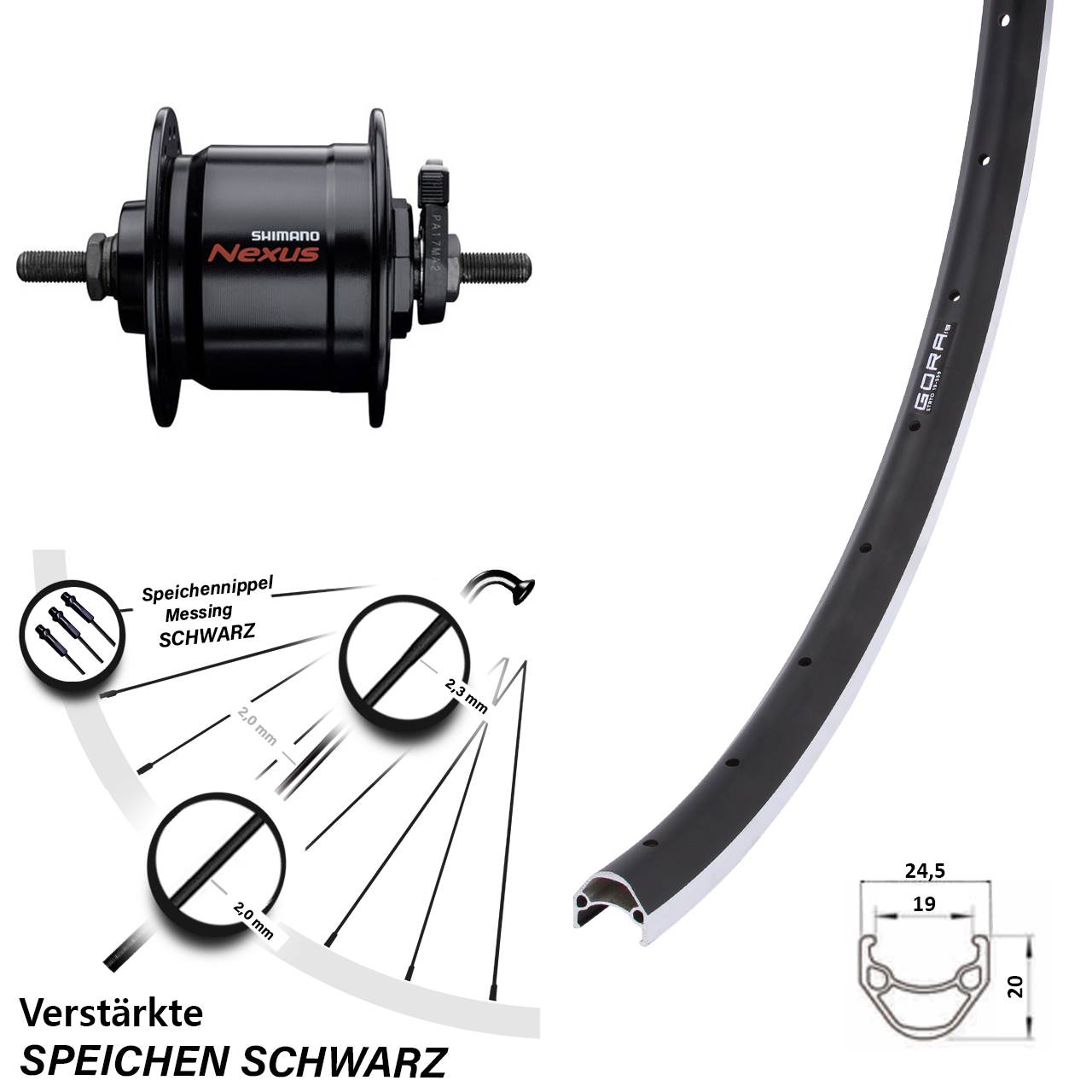 Nabendynamolaufrad Vollachse 26 Zoll Gora 19 Shimano Nexus DH-C3000-3N