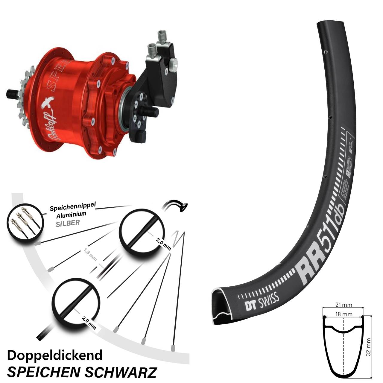 Hinterrad 28 Zoll DT Swiss RR 511 Disc Rohloff Speedhub 500/14 TS DB OEM Tandem rot