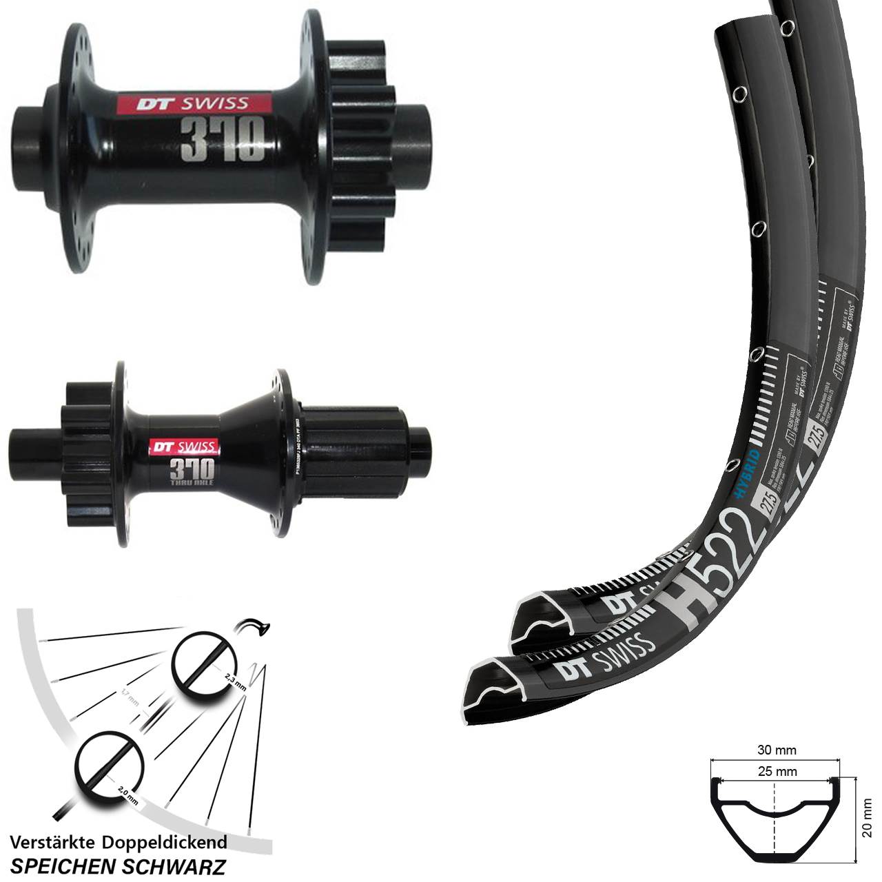 650B DT Swiss H522 370 Hybrid Disc Laufradsatz 15x100 12x142 8-11 fach