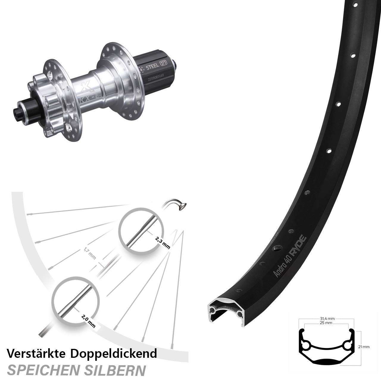 Disc Laufrad 27,5 Zoll Ryde Andra 40 KX-E 6-fach gelagert 8-12 fach QR