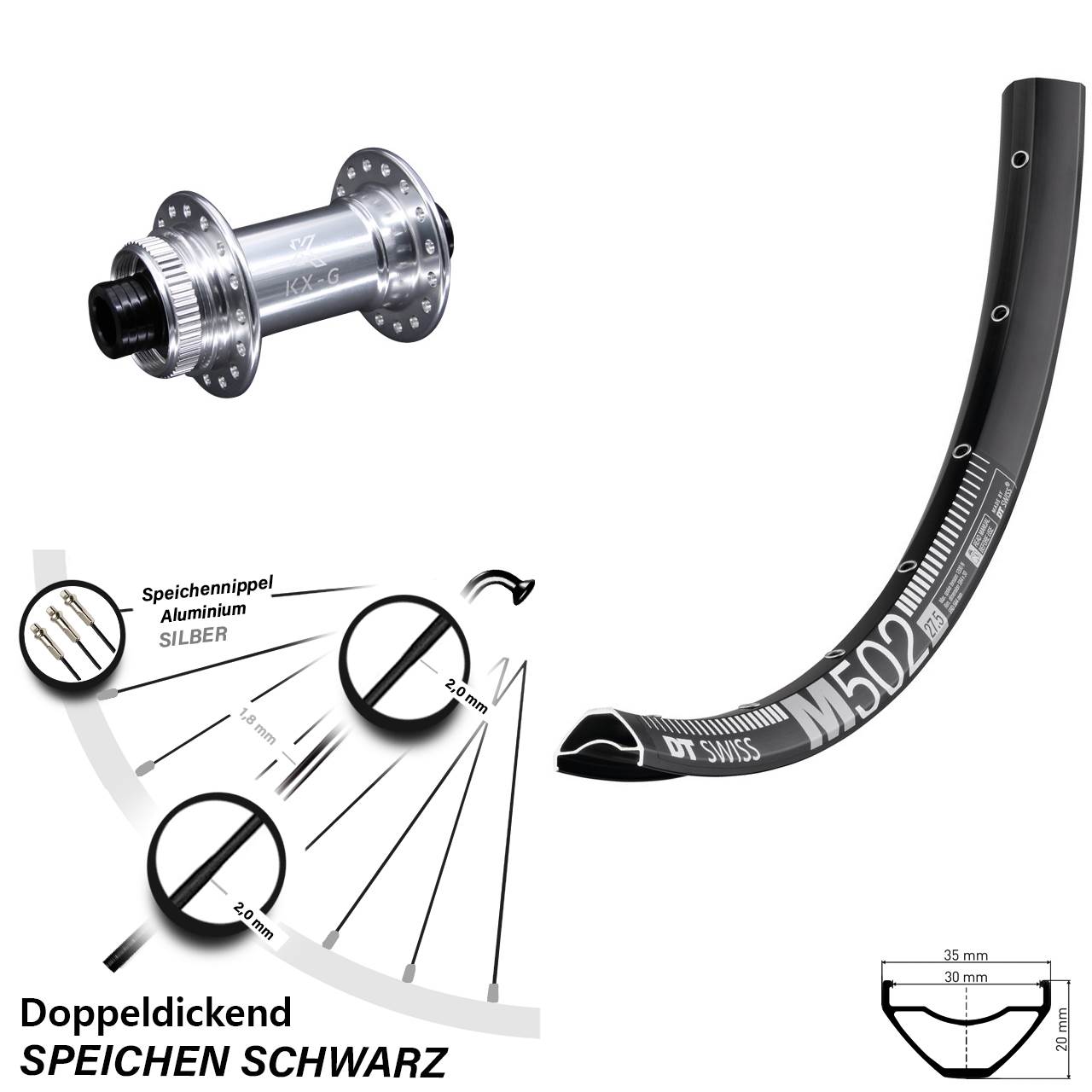 29 Zoll DT Swiss M502 KX-G Centerlock Vorderrad 15x100