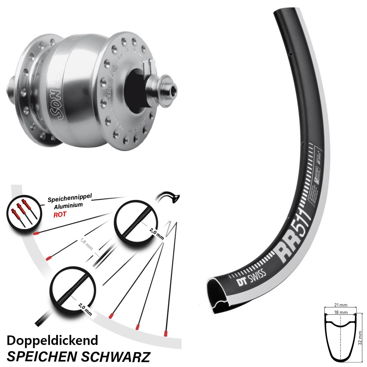 SONdelux DT Swiss RR511 28 Zoll Nabendynamovorderrad für Schnellspanner