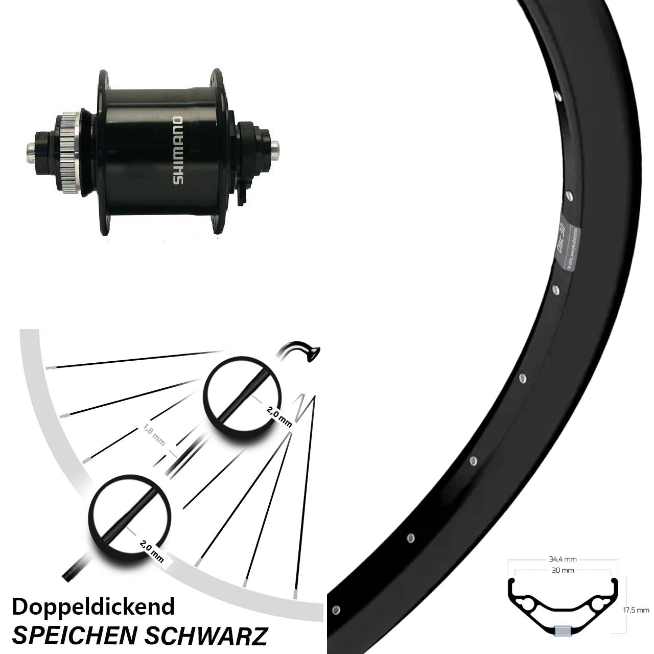 27,5 Zoll Ryde Disc 30 Shimano DH-UR700 Nabendynamovorderrad für Schnellspanner