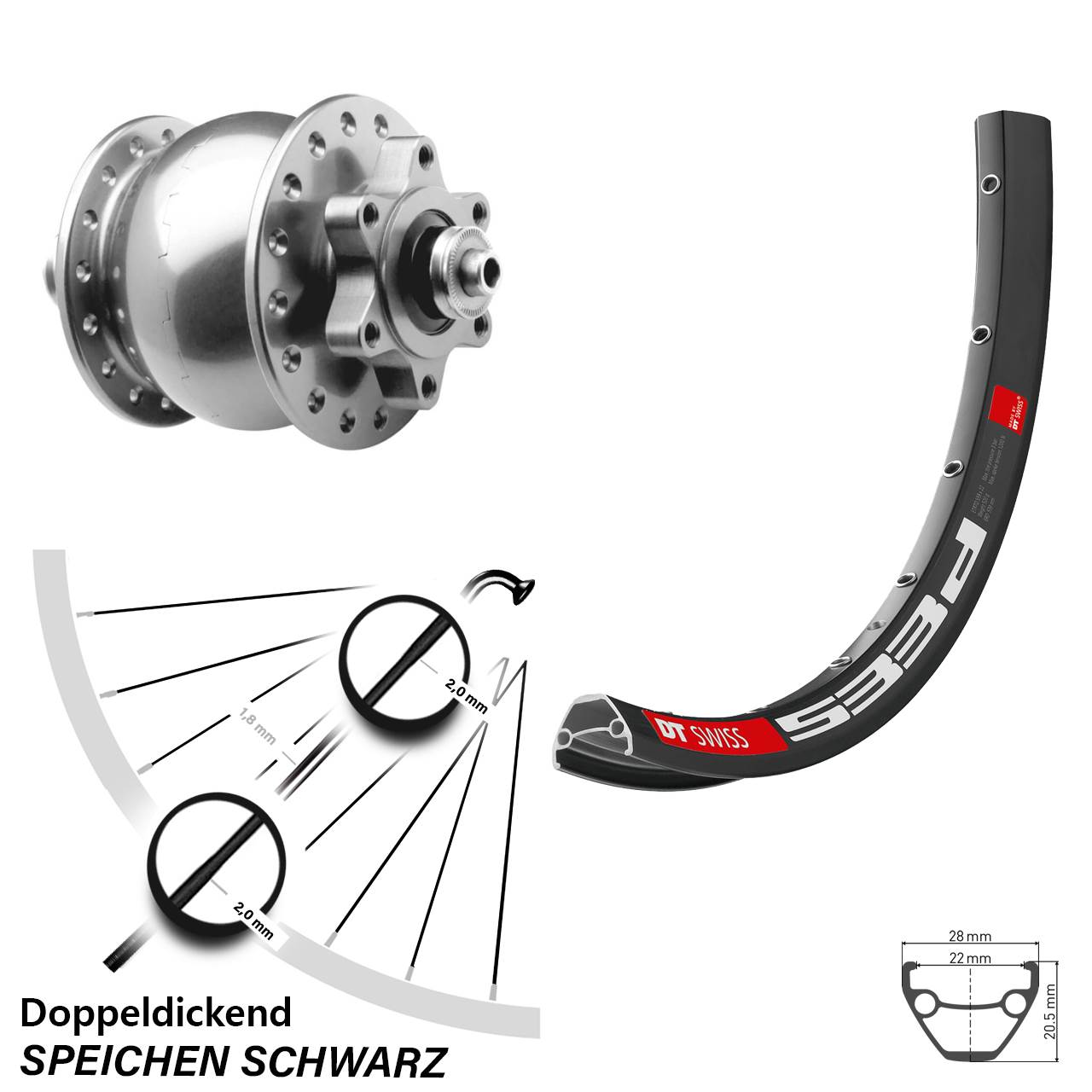 Nabendynamovorderrad 6-Loch für Schnellspanner 26 Zoll DT Swiss 533d SON 28