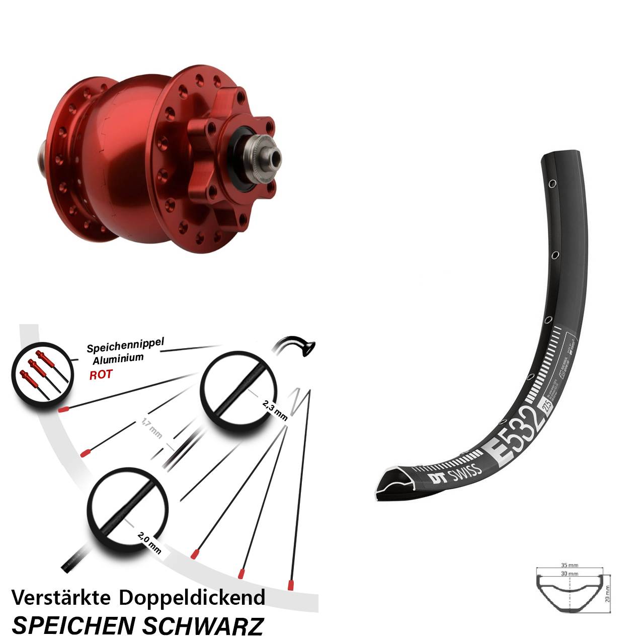 Nabendynamovorderrad 6-Loch 27,5 Zoll DT Swiss E 532 SON 28 rot für Schnellspanner