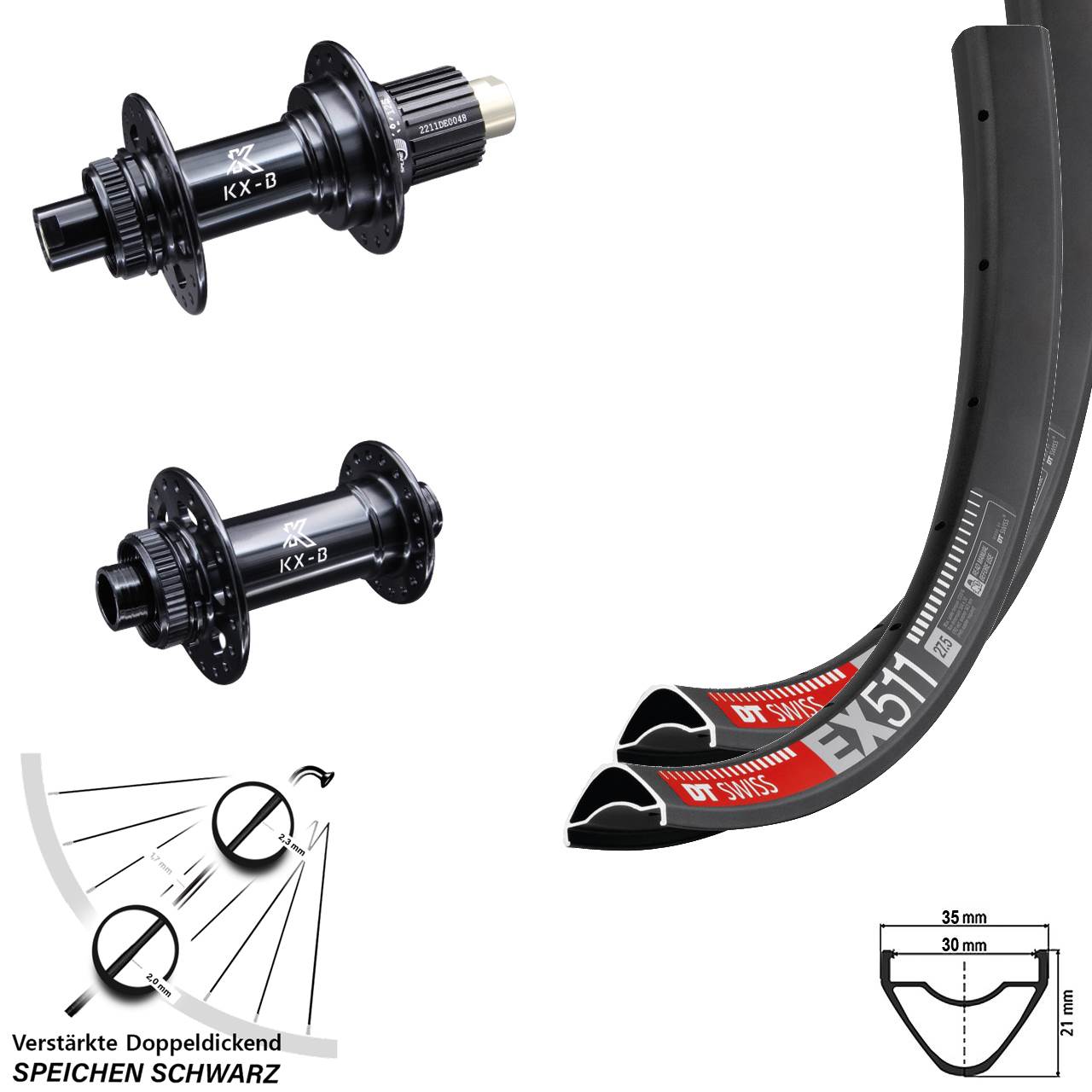 27,5 Zoll DT Swiss EX511 KX-B Boost Laufradsatz 15x110 12x148 Micro Spline