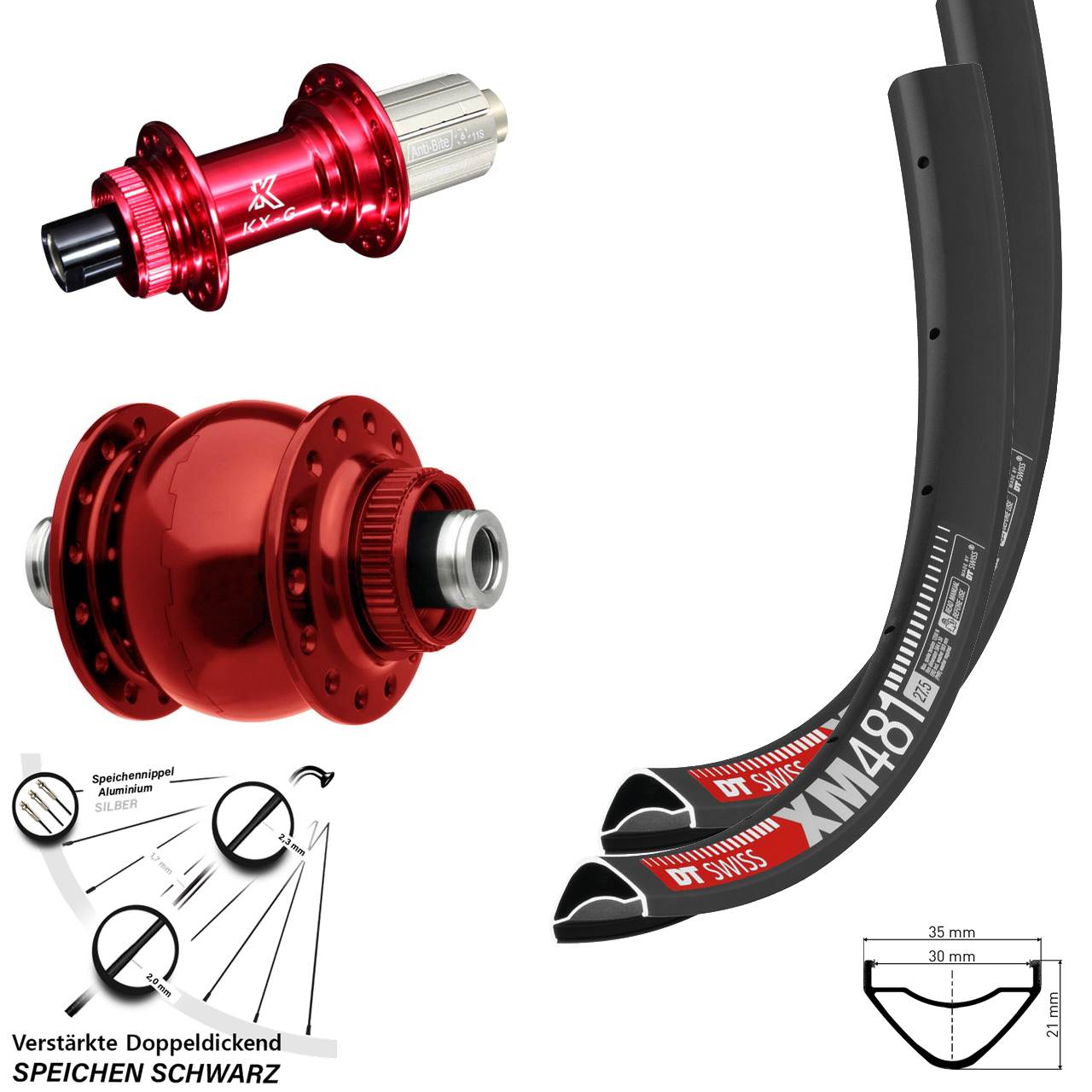 27,5 Zoll DT Swiss XM 481 KX-G rot SON 28 rot Disc Laufrad-Satz 12x100/142 8-12 fach HG