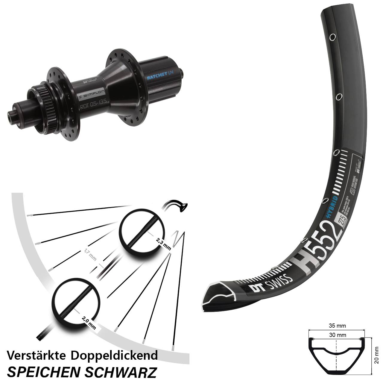 27,5 Zoll DT Swiss H552-370 Hybrid Disc Hinterrad QR 8-11 fach HG