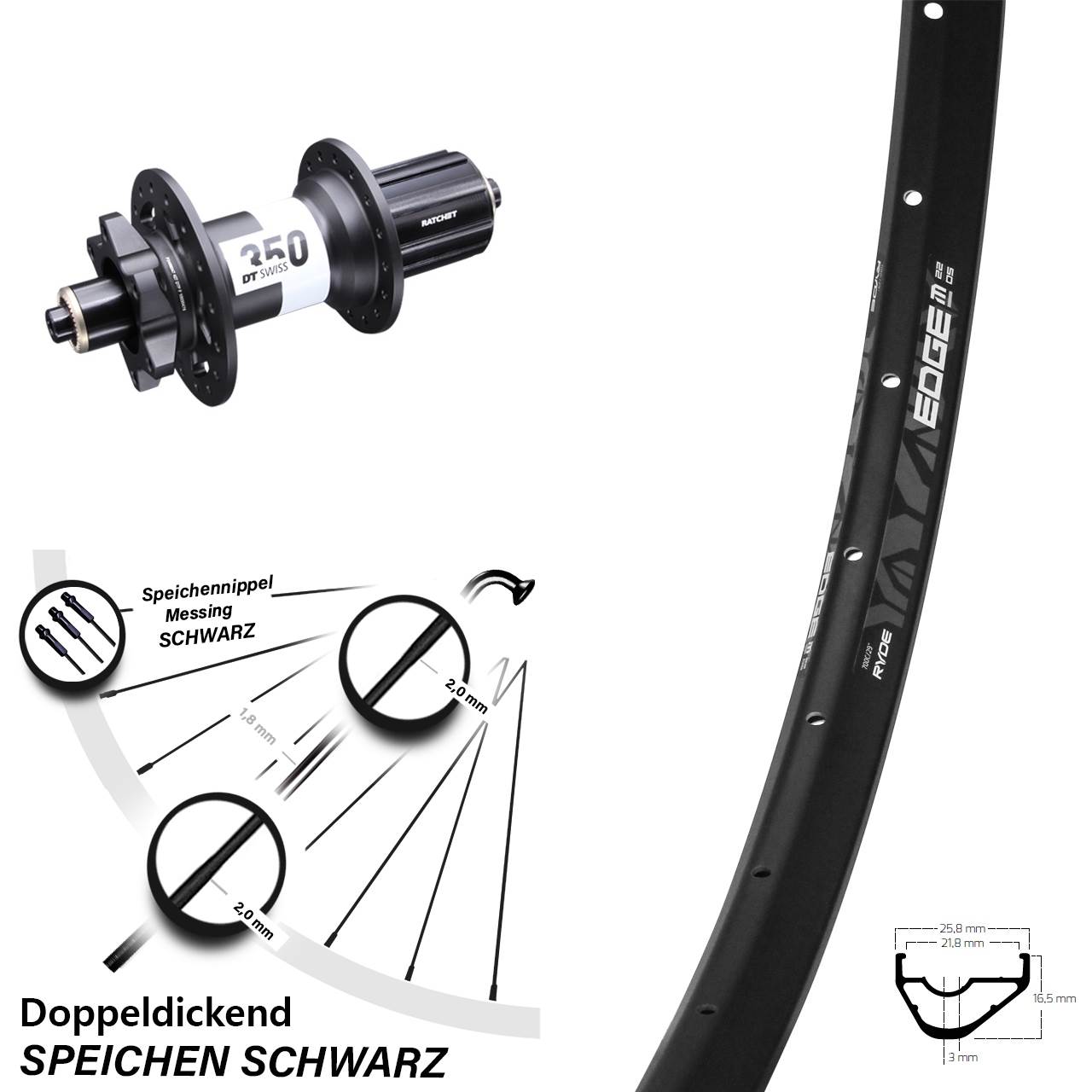 Ryde Edge M22 DT Swiss 350 29 Zoll 6-Loch Hinterrad QR Boost 8-11 fach