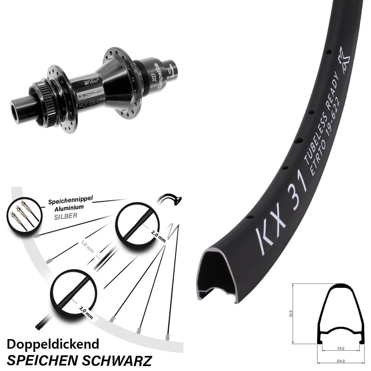 28 Zoll KX 31 DT Swiss 370 Centerlock Hinterrad 12x142 XD