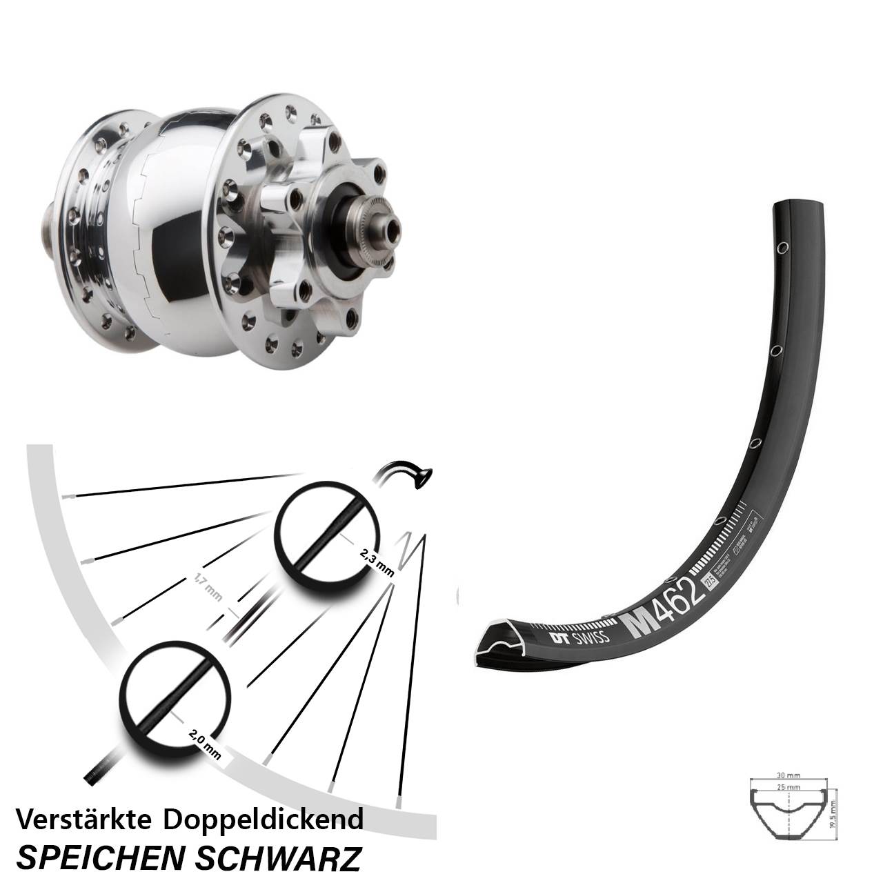 27,5 Zoll DT Swiss M 462 SON 28 poliert Dynamo-Vorderrad 6-Loch QR