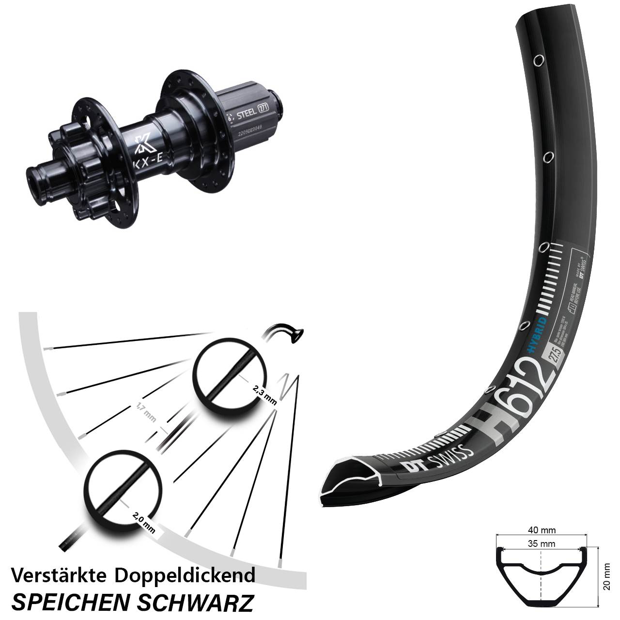 6-Loch Hinterrad 12x142 27,5 Zoll DT Swiss H 612 KX-E Stahl Freilauf 8-12 fach HG